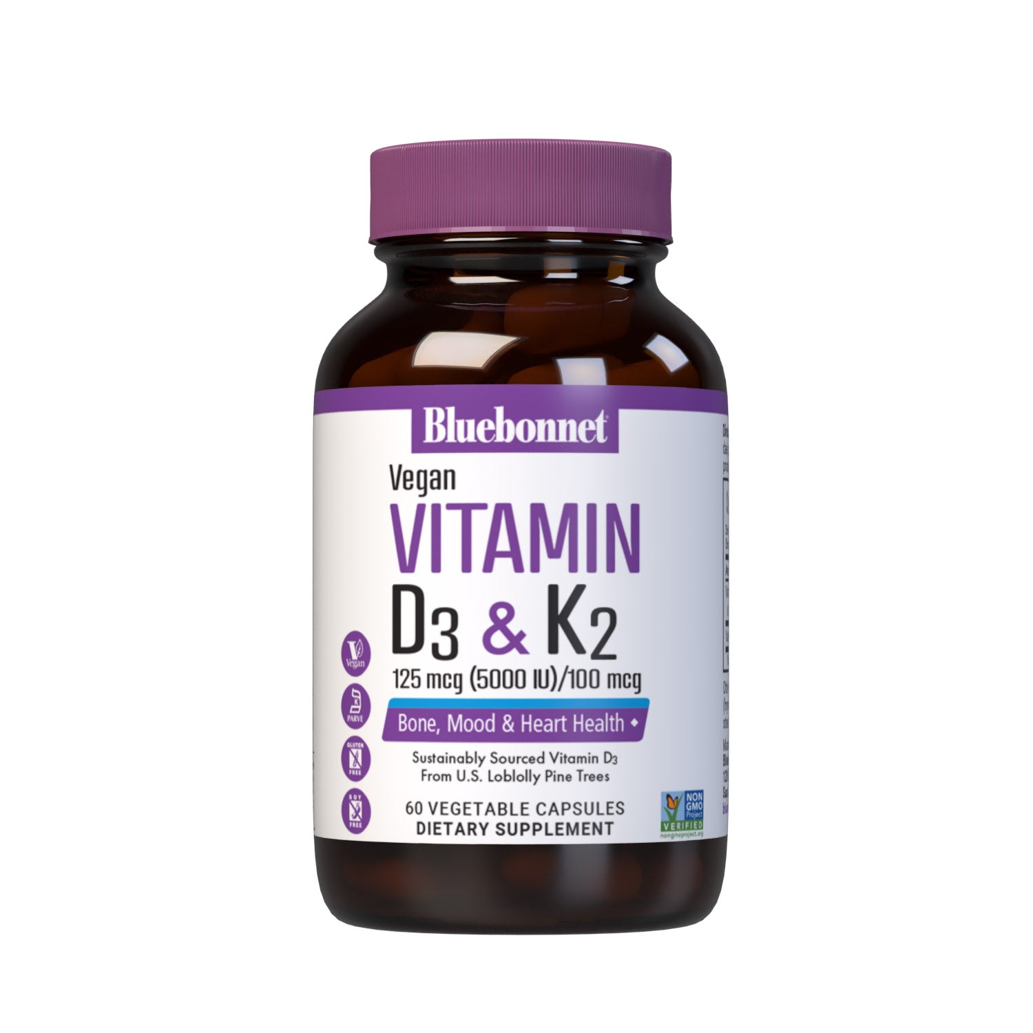 Vegan Vitamin D3 125 mcg (5000 iu) from SunPine from US Loblolly Pine Trees and K2 (MK-7) from natto, 60 vegetable capsules. #size_60 count