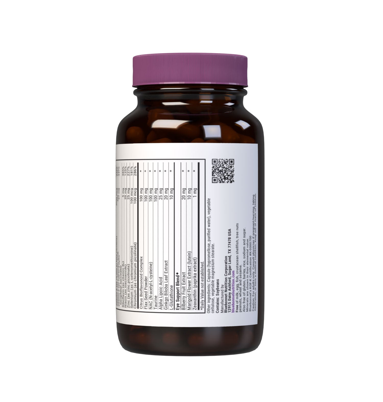 Bluebonnet’s Eye Antioxidant with Zeaxanthin Formula 120 Vegetable Capsules are specially formulated with a high potency combination of all the important amino acid, vitamin, mineral and herbal antioxidants for maintaining eye health. Supplement facts panel, bottom part. #size_120 count