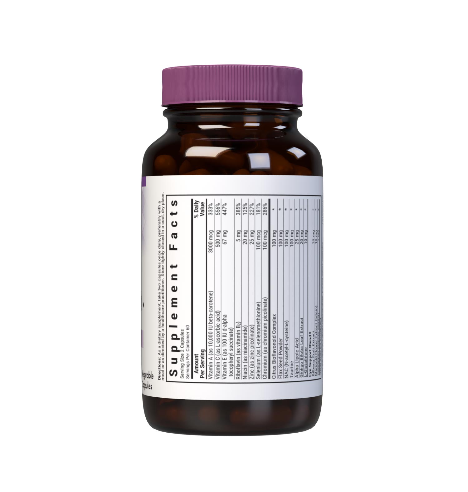 Bluebonnet’s Eye Antioxidant with Zeaxanthin Formula 120 Vegetable Capsules are specially formulated with a high potency combination of all the important amino acid, vitamin, mineral and herbal antioxidants for maintaining eye health. Supplement facts panel, top part. #size_120 count