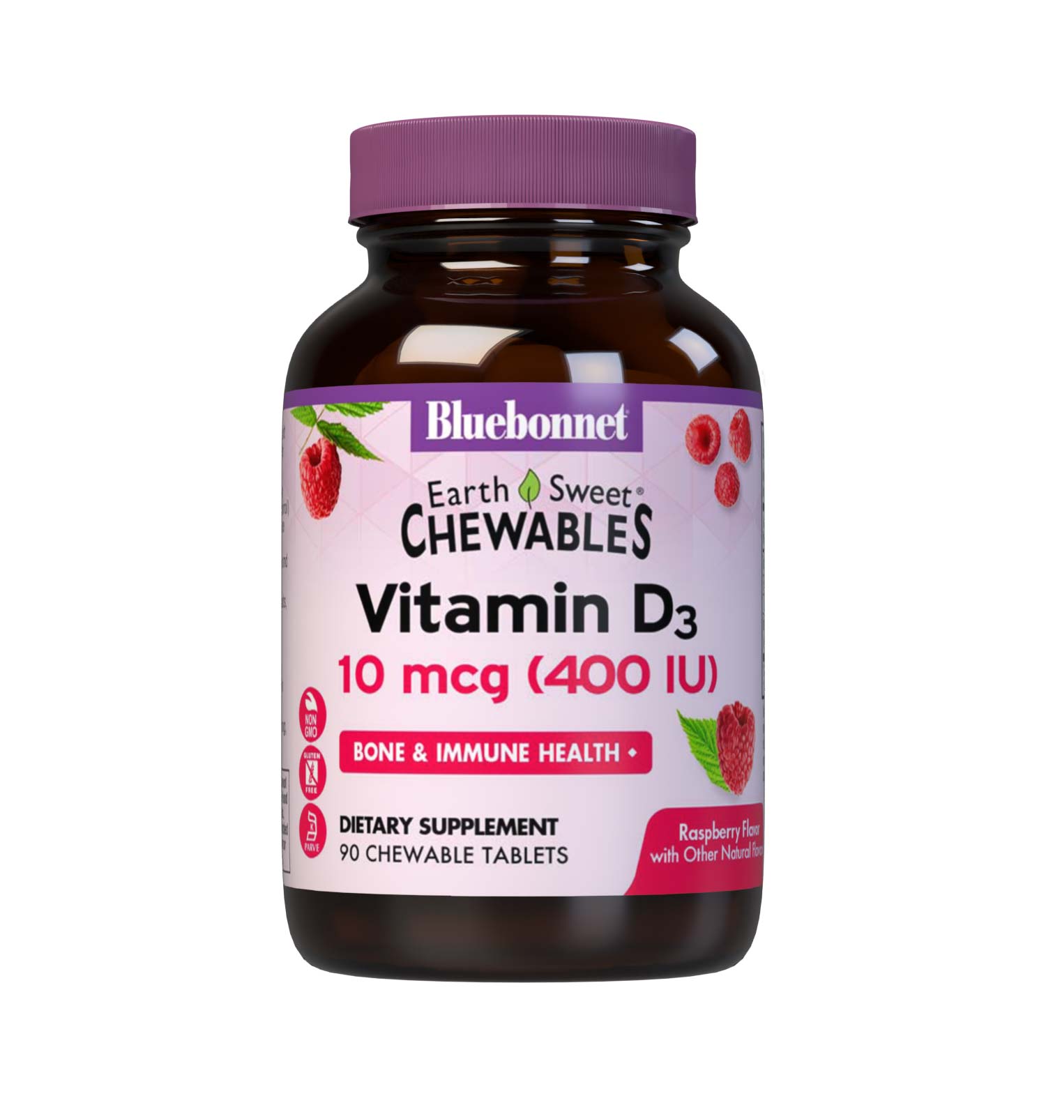 Bluebonnet’s EarthSweet Chewables Vitamin D3 400 IU (10 mcg) Tablets provide are formulated with vitamin D3 (cholecalciferol) from lanolin that supports strong, healthy bones and immune function in a delicious raspberry flavor. This product is sweetened with EarthSweet a proprietary sweetening mix of fruit powders and sugar cane crystals. #size_90 count