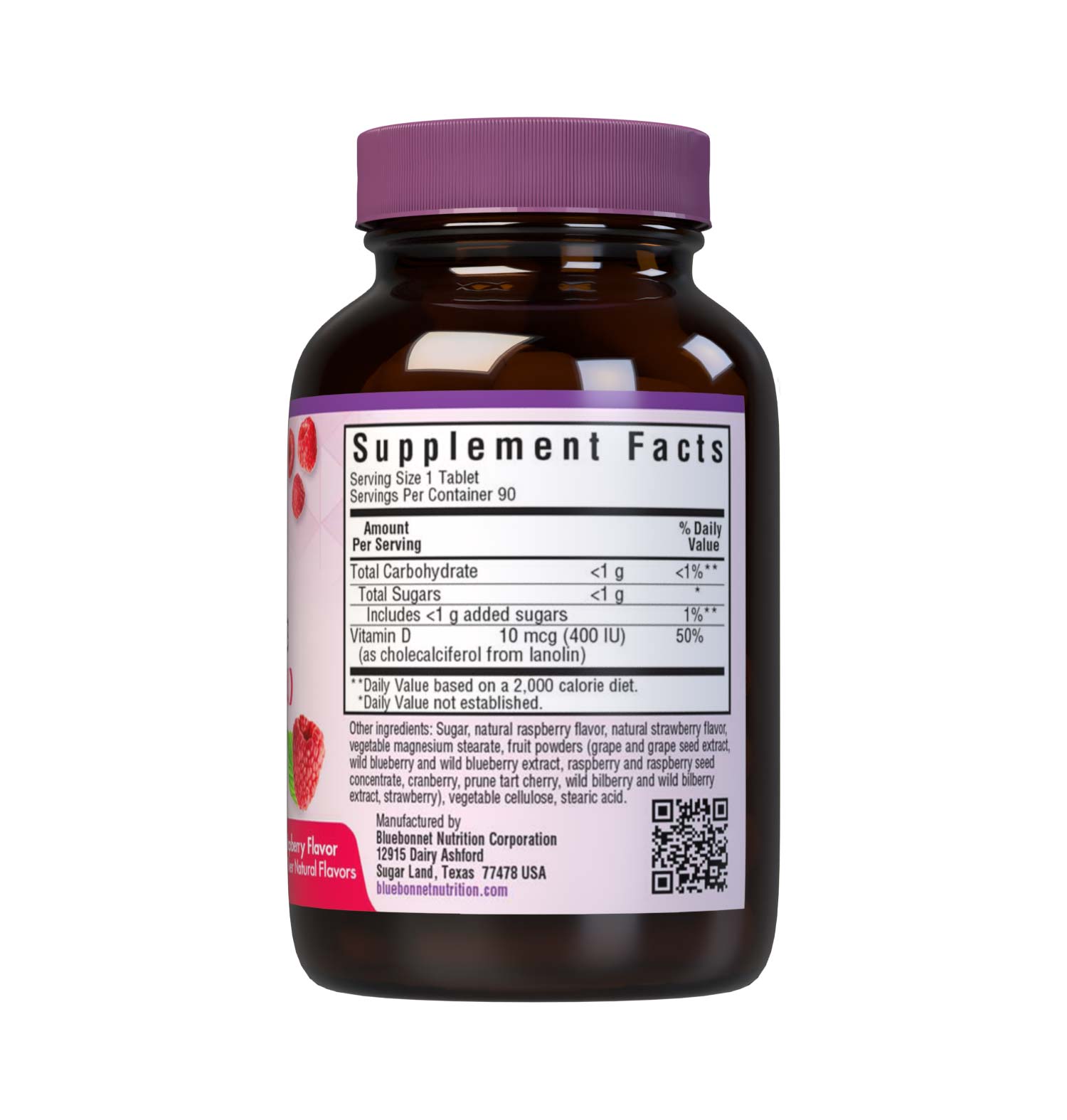 Bluebonnet’s EarthSweet Chewables Vitamin D3 400 IU (10 mcg) Tablets provide are formulated with vitamin D3 (cholecalciferol) from lanolin that supports strong, healthy bones and immune function in a delicious raspberry flavor. This product is sweetened with EarthSweet a proprietary sweetening mix of fruit powders and sugar cane crystals. Supplement facts panel. #size_90 count