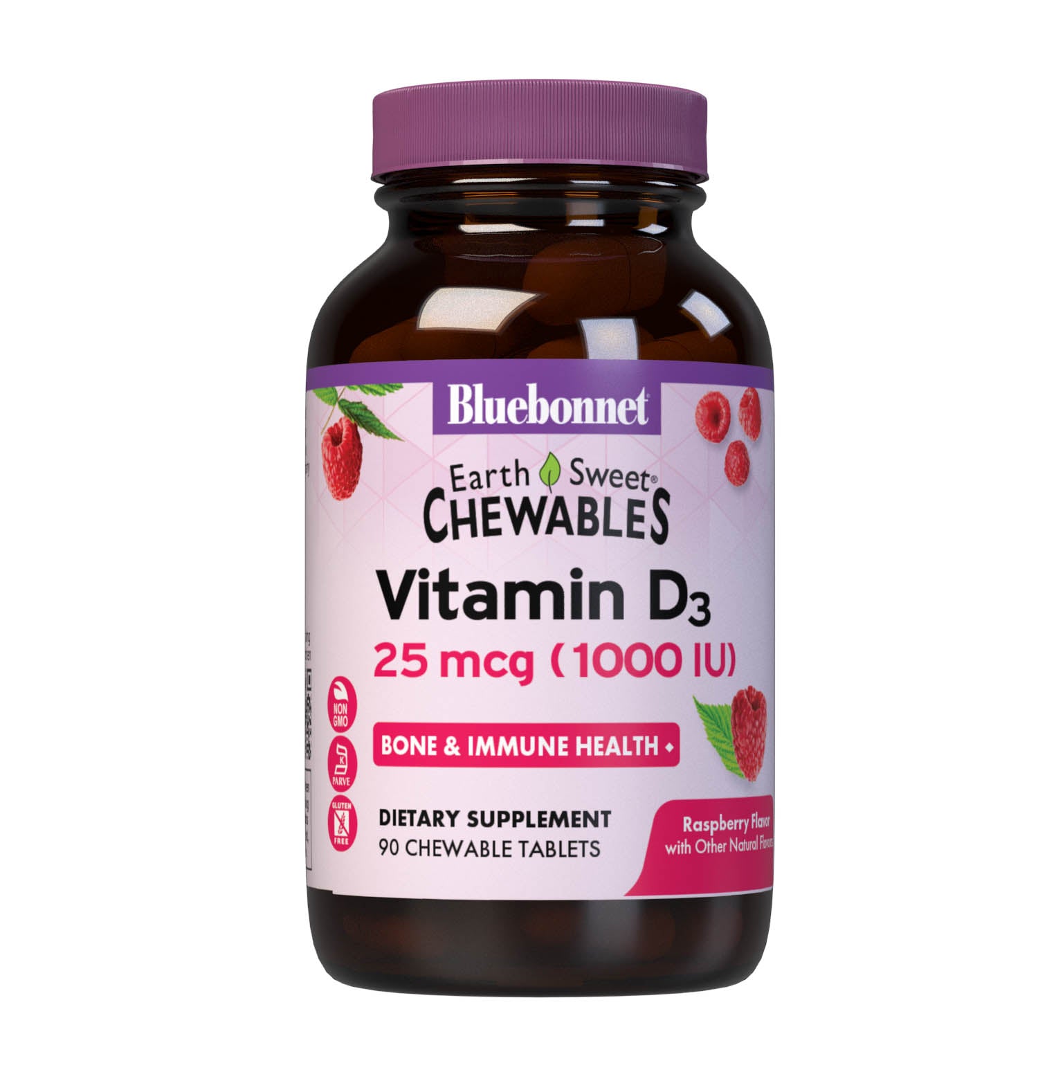Bluebonnet’s EarthSweet Chewables Vitamin D3 1000 IU (25 mcg) 90 chewable tablets are formulated with vitamin D3 (cholecalciferol) from lanolin that supports strong bones and immune function in a delicious raspberry flavor. #size_90 count