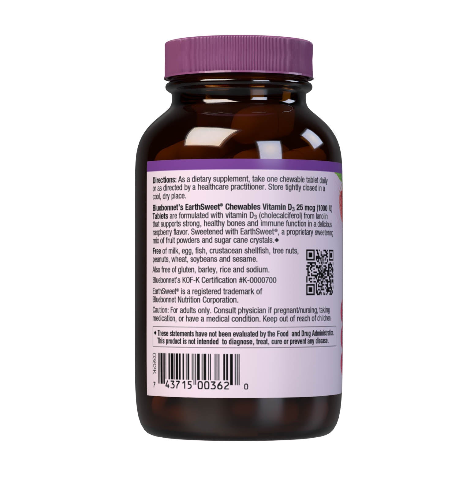 Bluebonnet’s EarthSweet Chewables Vitamin D3 1000 IU (25 mcg) 90 chewable tablets are formulated with vitamin D3 (cholecalciferol) from lanolin that supports strong bones and immune function in a delicious raspberry flavor. Description panel. #size_90 count