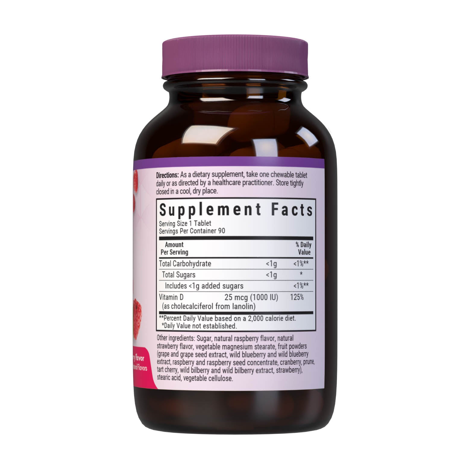 Bluebonnet’s EarthSweet Chewables Vitamin D3 1000 IU (25 mcg) 90 chewable tablets are formulated with vitamin D3 (cholecalciferol) from lanolin that supports strong bones and immune function in a delicious raspberry flavor. Supplement Facts panel. #size_90 count