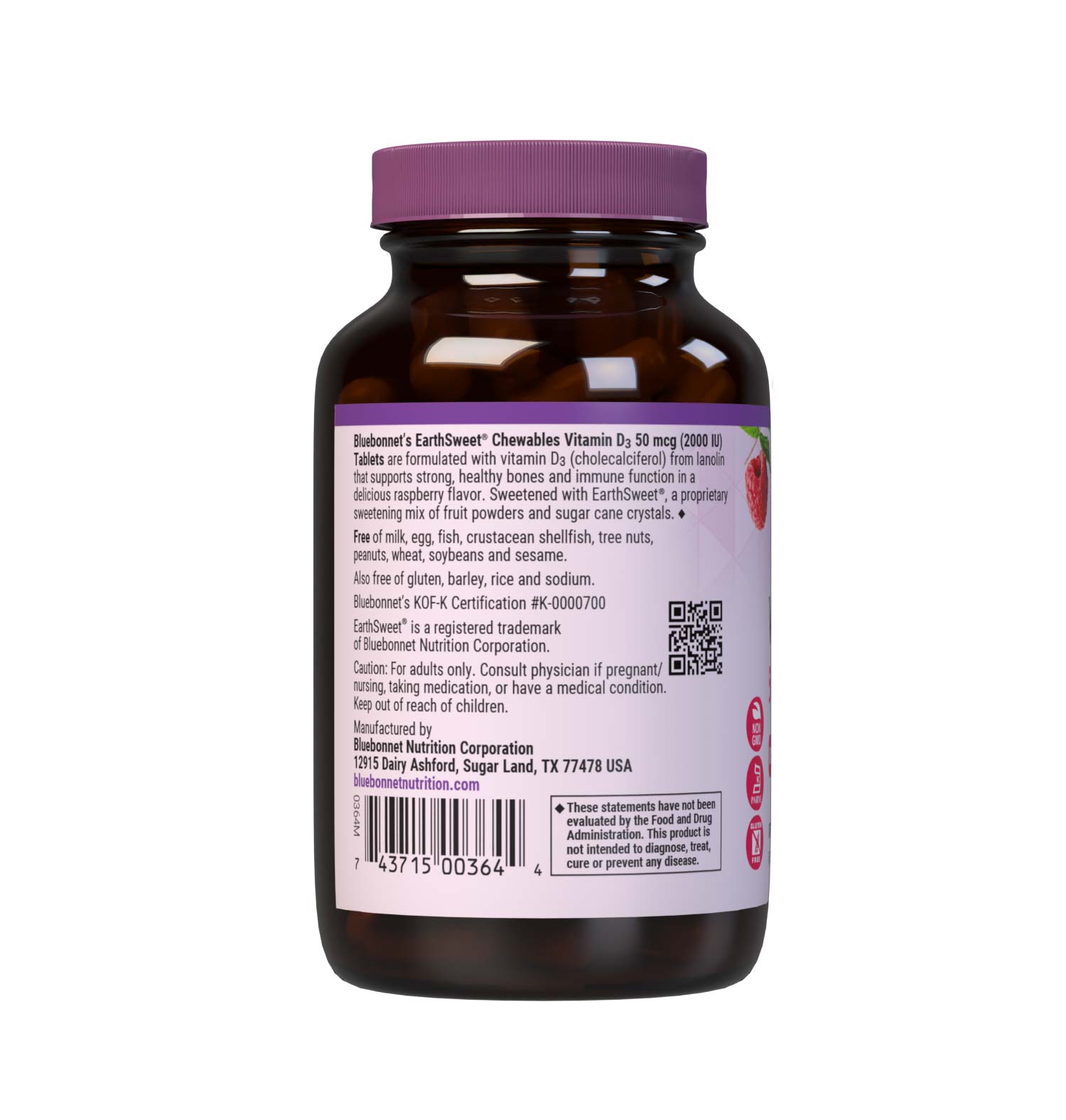 Bluebonnet’s EarthSweet Chewables Vitamin D3 50 mcg (2000 IU) 90 Chewable Tablets are formulated with vitamin D3 (cholecalciferol) from lanolin that supports strong bones and immune function in a delicious raspberry flavor. Description panel. #size_90 count