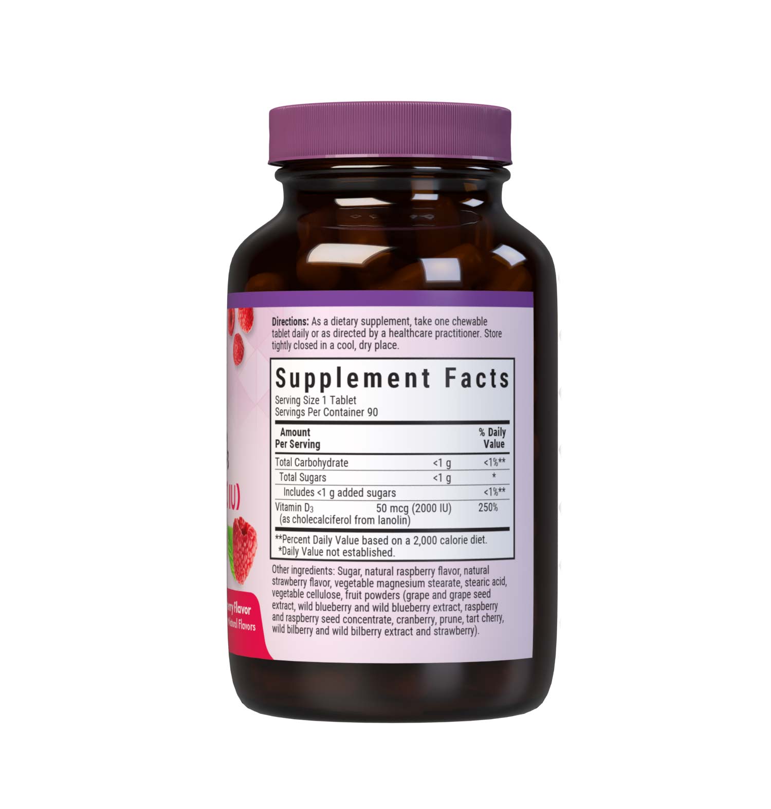 Bluebonnet’s EarthSweet Chewables Vitamin D3 50 mcg (2000 IU) 90 Chewable Tablets are formulated with vitamin D3 (cholecalciferol) from lanolin that supports strong bones and immune function in a delicious raspberry flavor. Supplement facts panel. #size_90 count