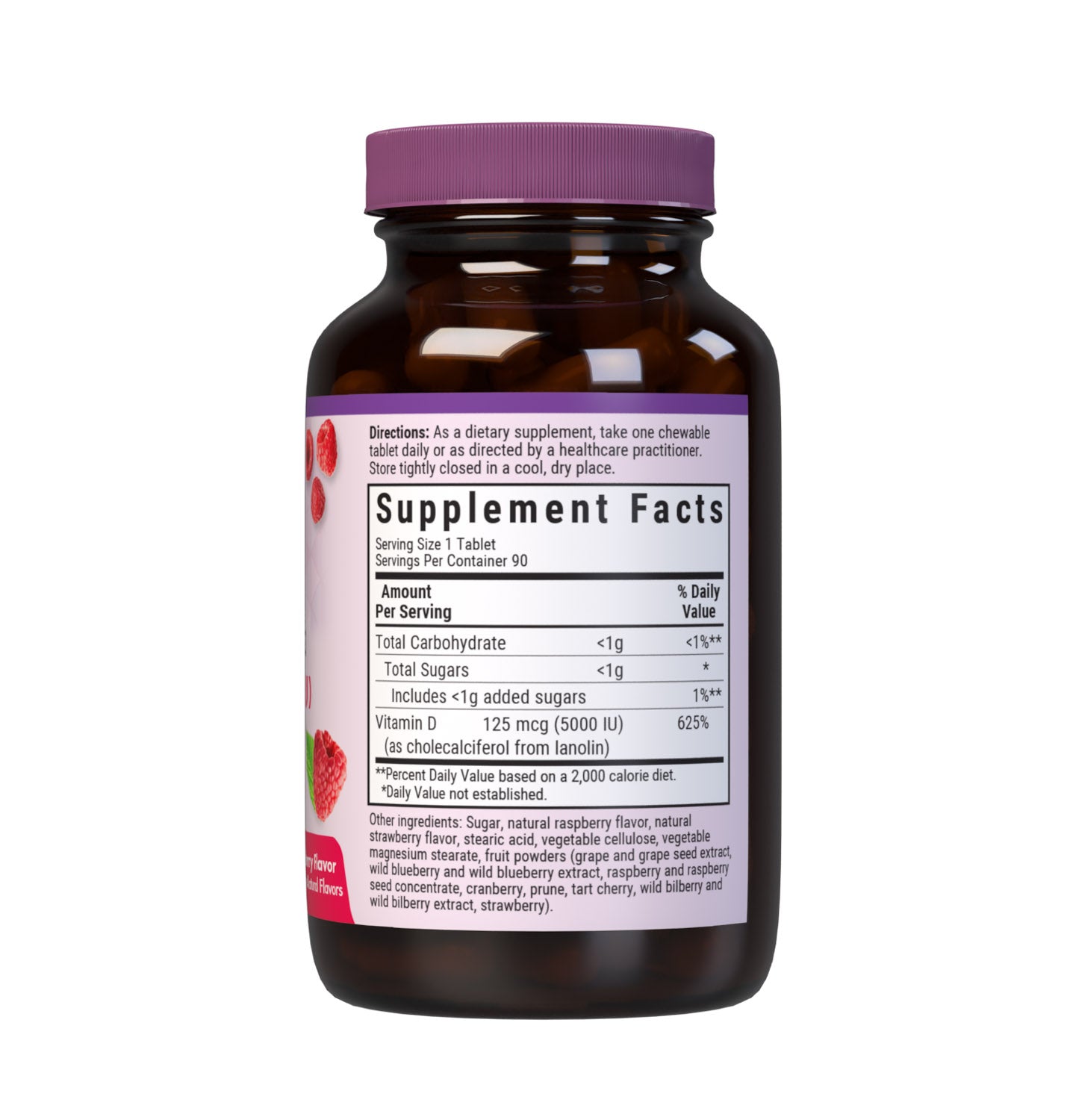 Bluebonnet’s EarthSweet Chewables Vitamin D3 125 mcg (5000 IU) 90 Chewable Tablets are formulated with vitamin D3 (cholecalciferol) from lanolin that supports strong bones and immune function in a delicious raspberry flavor. Supplement facts panel. #size_90 count