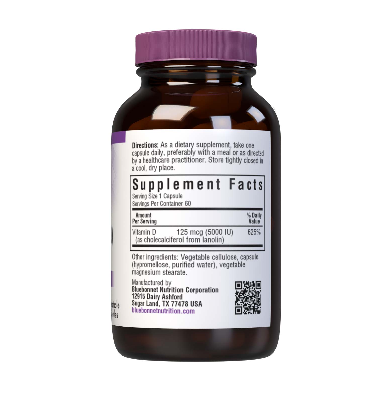 Bluebonnet’s Vitamin D3 5000 IU (125 mcg) 60 vegetable capsules are formulated with vitamin D3 (cholecalciferol) from lanolin that supports strong bones and immune function. Supplement facts panel. #size_60 count