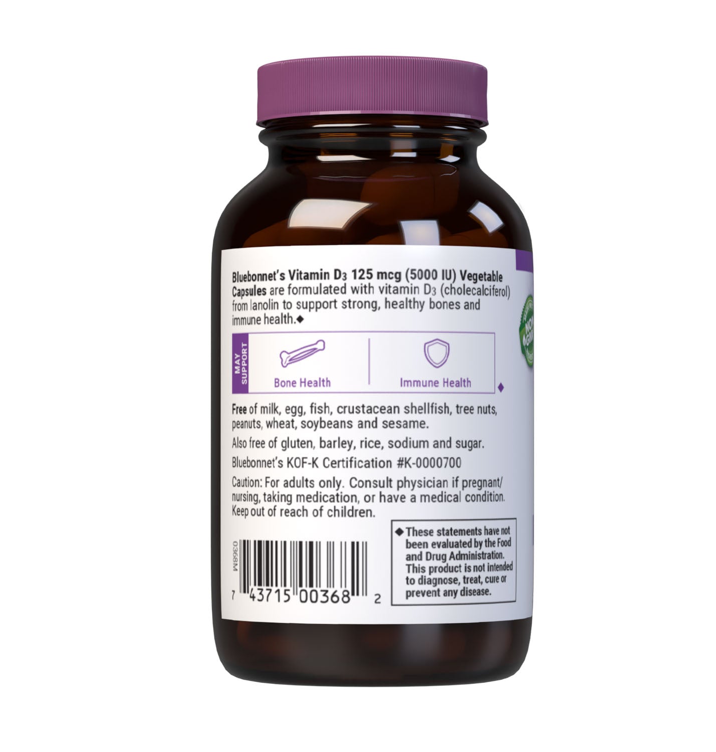 Bluebonnet’s Vitamin D3 5000 IU (125 mcg) 60 vegetable capsules are formulated with vitamin D3 (cholecalciferol) from lanolin that supports strong bones and immune function. Description panel. #size_60 count