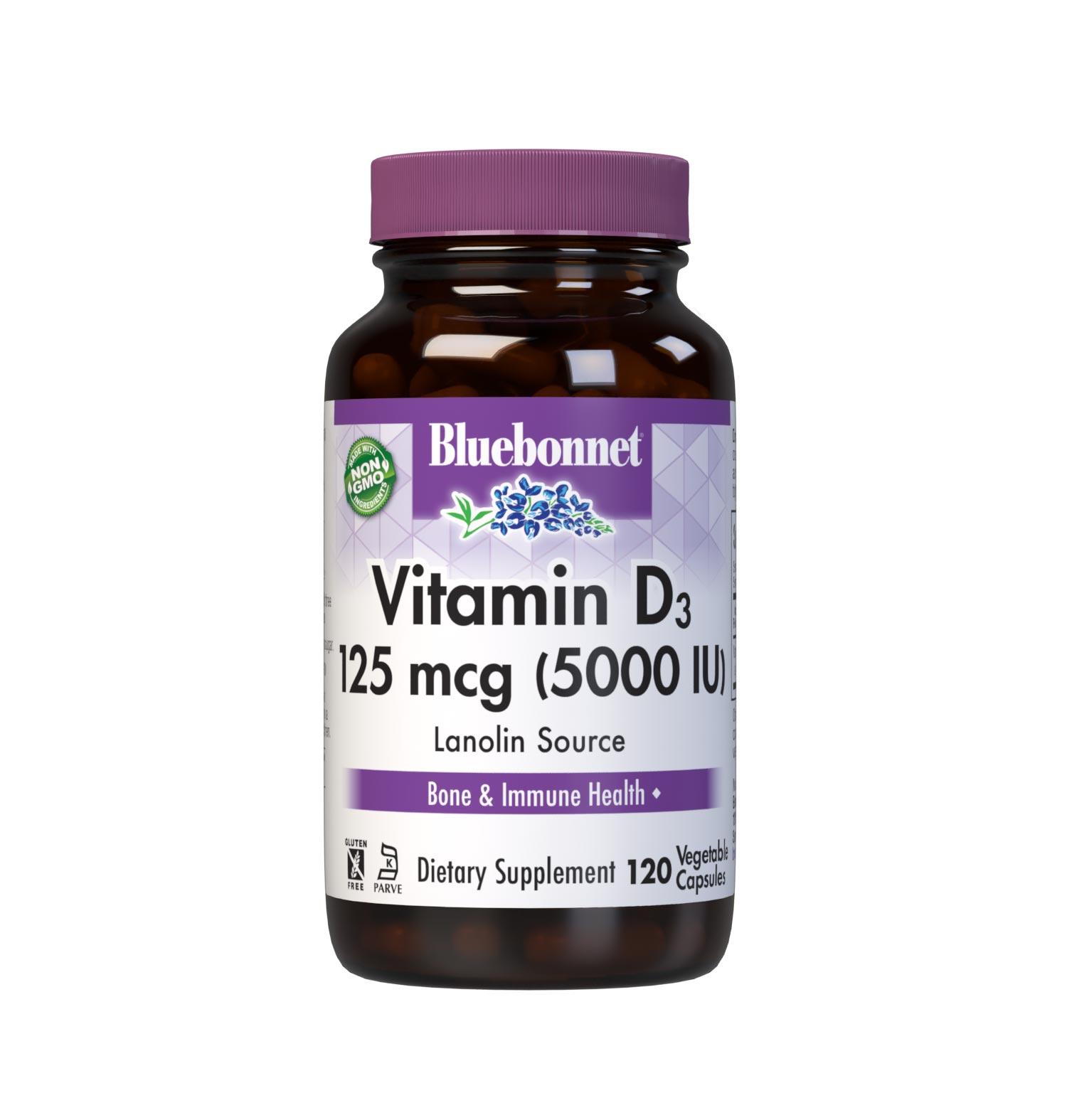 Bluebonnet’s EarthSweet Chewables Vitamin D3 5000 IU (125 mcg) 60 vegetable capsules are formulated with vitamin D3 (cholecalciferol) from lanolin that supports strong bones and immune function. #size_120 count