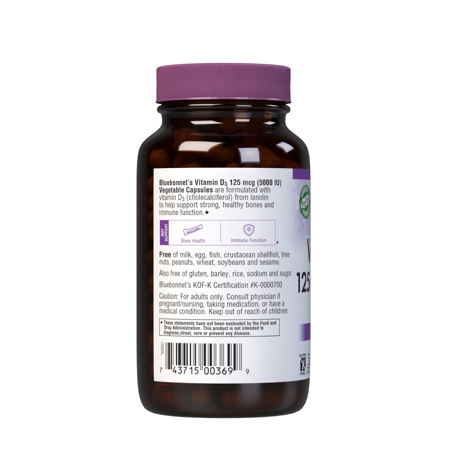 Bluebonnet’s EarthSweet Chewables Vitamin D3 5000 IU (125 mcg) 60 vegetable capsules are formulated with vitamin D3 (cholecalciferol) from lanolin that supports strong bones and immune function. Description panel. #size_120 count