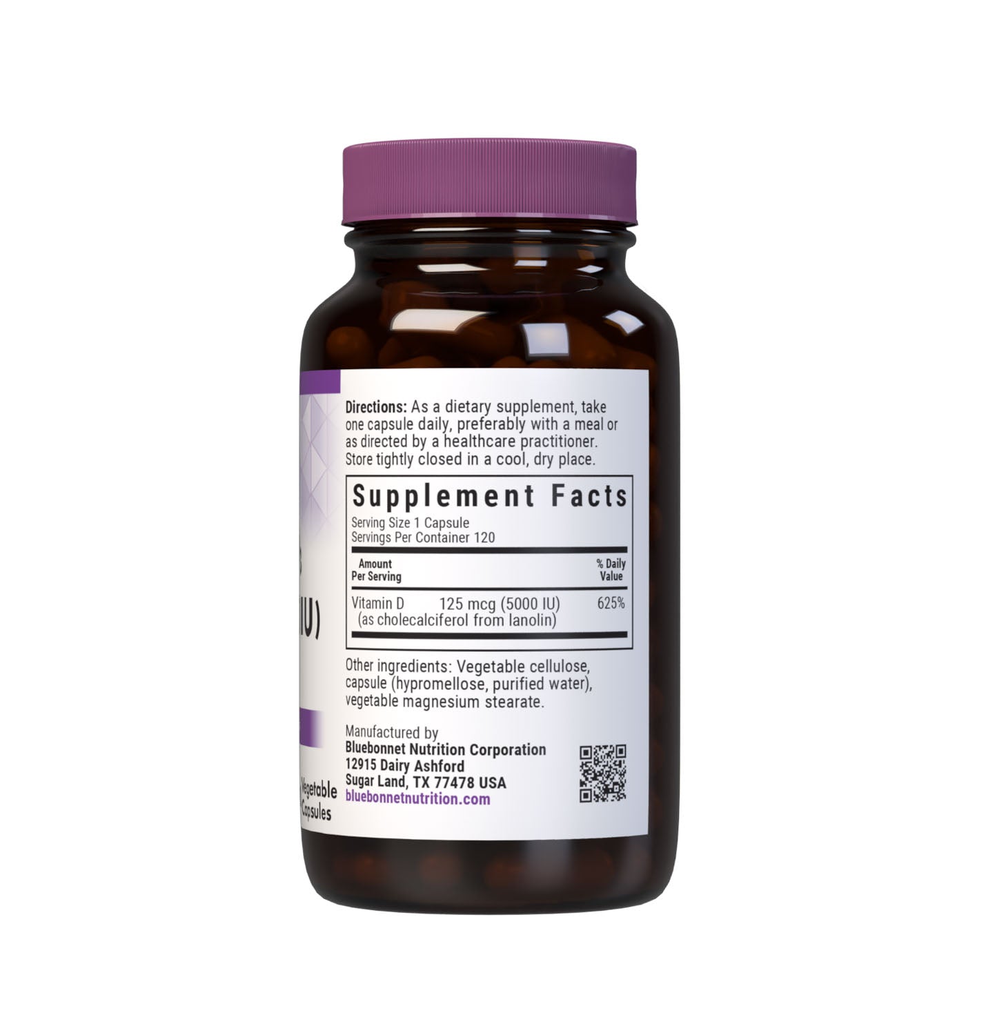 Bluebonnet’s EarthSweet Chewables Vitamin D3 5000 IU (125 mcg) 60 vegetable capsules are formulated with vitamin D3 (cholecalciferol) from lanolin that supports strong bones and immune function. Supplement facts panel. #size_120 count