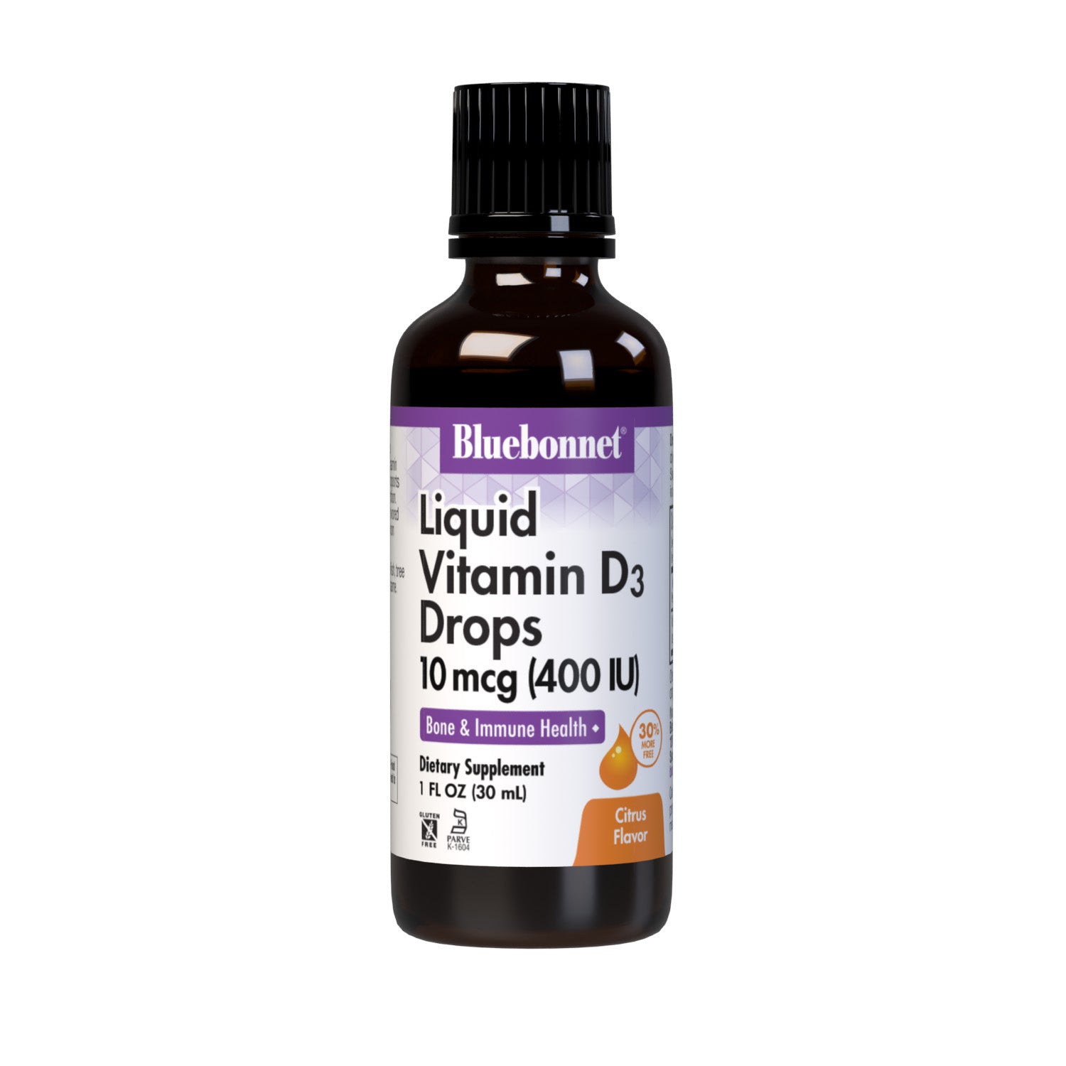 Bluebonnet’s Liquid Vitamin D3 Drops 400 IU (10 mcg) are formulated with vitamin D3 (cholecalciferol) from lanolin for strong healthy bones. Each drop of this sunshine vitamin is flavored using a hint of orange and lemon essential oils.  #size_1 fl oz