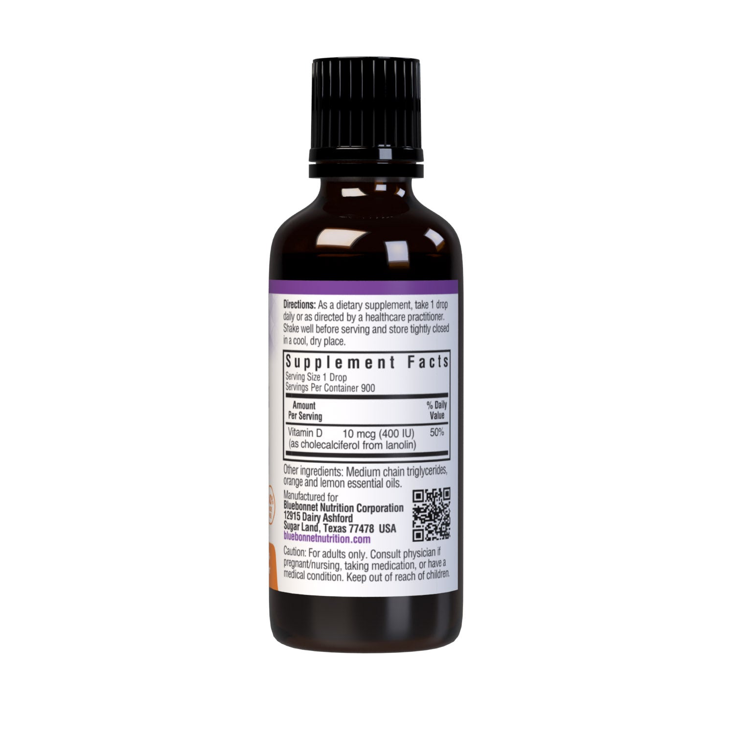 Bluebonnet’s Liquid Vitamin D3 Drops 400 IU (10 mcg) are formulated with vitamin D3 (cholecalciferol) from lanolin for strong healthy bones. Each drop of this sunshine vitamin is flavored using a hint of orange and lemon essential oils. Supplement facts panel. #size_1 fl oz