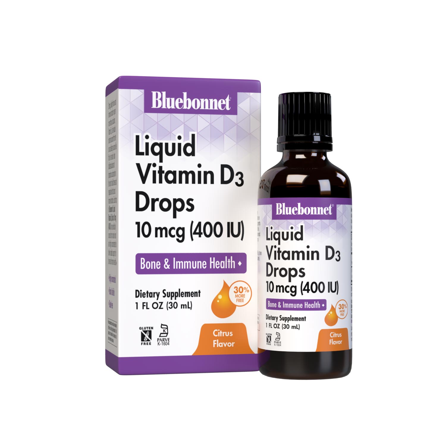 Bluebonnet’s Liquid Vitamin D3 Drops 400 IU (10 mcg) are formulated with vitamin D3 (cholecalciferol) from lanolin for strong healthy bones. Each drop of this sunshine vitamin is flavored using a hint of orange and lemon essential oils. bottle with box. #size_1 fl oz