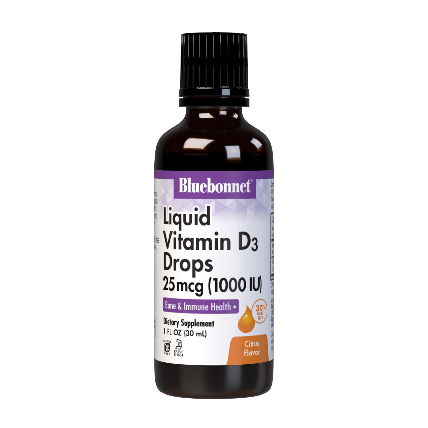 Bluebonnet’s Liquid Vitamin D3 Drops 1000 IU (25 mcg) are formulated with vitamin D3 (cholecalciferol) from lanolin for strong healthy bones. Each drop of this sunshine vitamin is flavored using a hint of orange and lemon essential oils. #size_1 fl oz