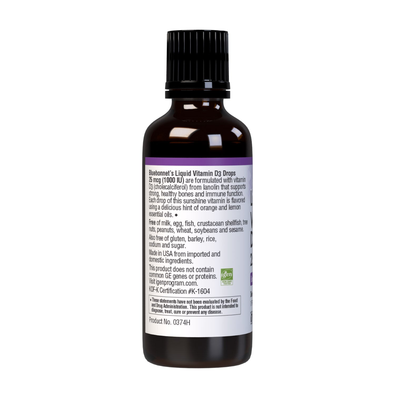 Bluebonnet’s Liquid Vitamin D3 Drops 1000 IU (25 mcg) are formulated with vitamin D3 (cholecalciferol) from lanolin for strong healthy bones. Each drop of this sunshine vitamin is flavored using a hint of orange and lemon essential oils. Description panel. #size_1 fl oz