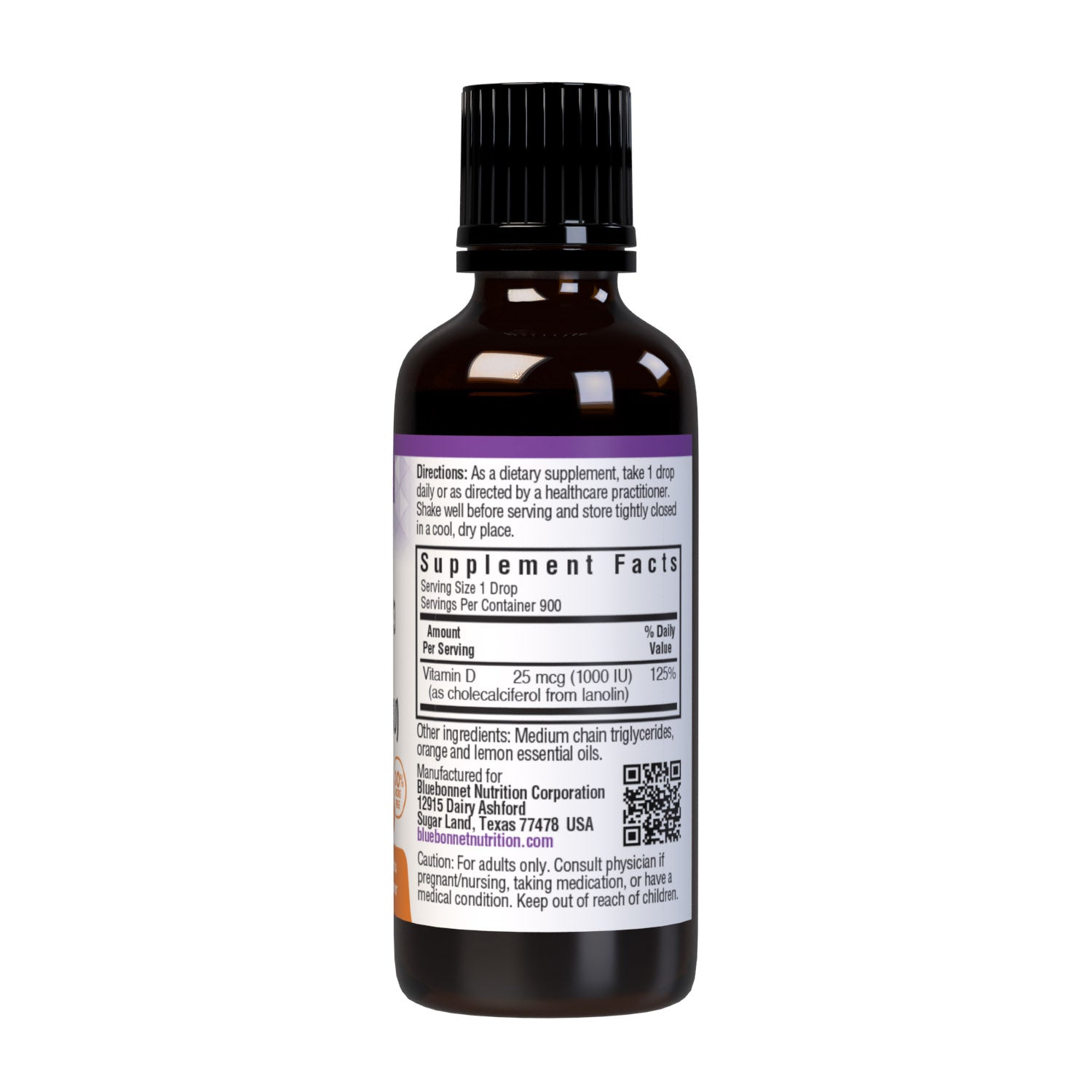 Bluebonnet’s Liquid Vitamin D3 Drops 1000 IU (25 mcg) are formulated with vitamin D3 (cholecalciferol) from lanolin for strong healthy bones. Each drop of this sunshine vitamin is flavored using a hint of orange and lemon essential oils. Supplement facts panel. #size_1 fl oz