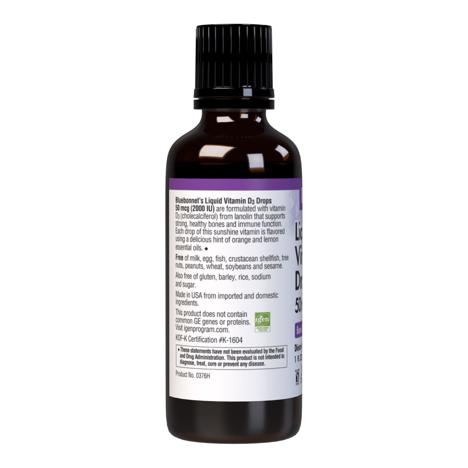 Bluebonnet’s Liquid Vitamin D3 Drops 2000 IU (50 mcg) are formulated with vitamin D3 (cholecalciferol) from lanolin for strong healthy bones. Each drop of this sunshine vitamin is flavored using a hint of orange and lemon essential oils. Description panel. #size_1 fl oz