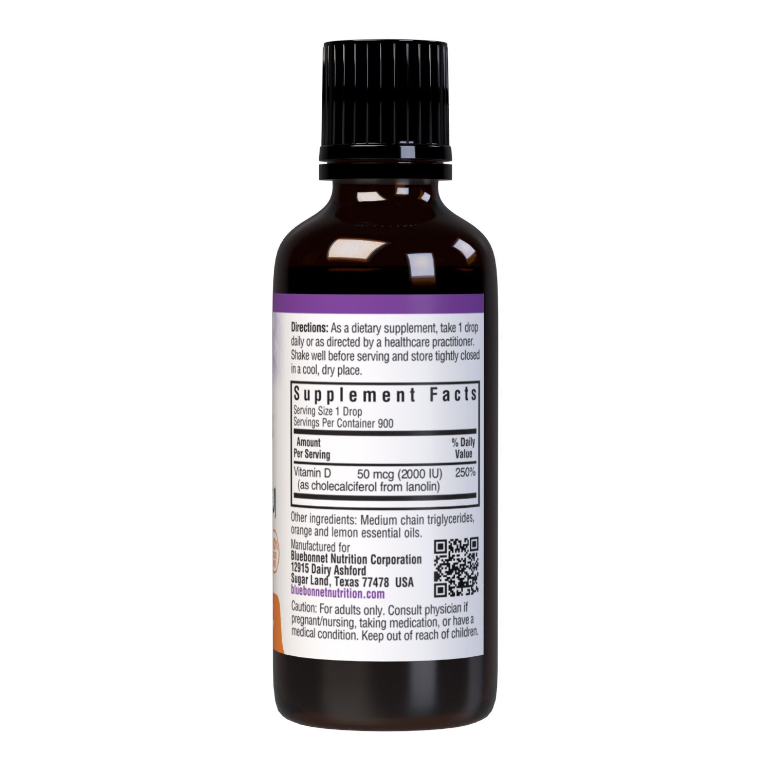 Bluebonnet’s Liquid Vitamin D3 Drops 2000 IU (50 mcg) are formulated with vitamin D3 (cholecalciferol) from lanolin for strong healthy bones. Each drop of this sunshine vitamin is flavored using a hint of orange and lemon essential oils. Supplement facts panel. #size_1 fl oz