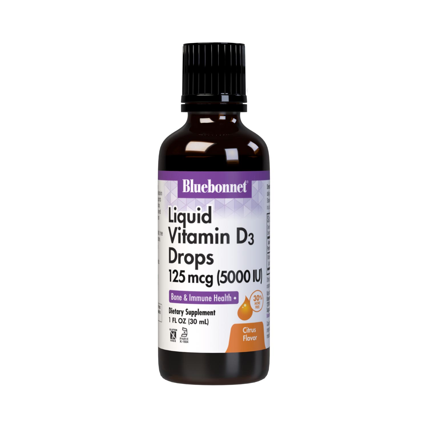 Bluebonnet’s Liquid Vitamin D3 Drops 5000 IU (125 mcg) are formulated with vitamin D3 (cholecalciferol) from lanolin for strong healthy bones. Each drop of this sunshine vitamin is flavored using a hint of orange and lemon essential oils. #size_1 fl oz