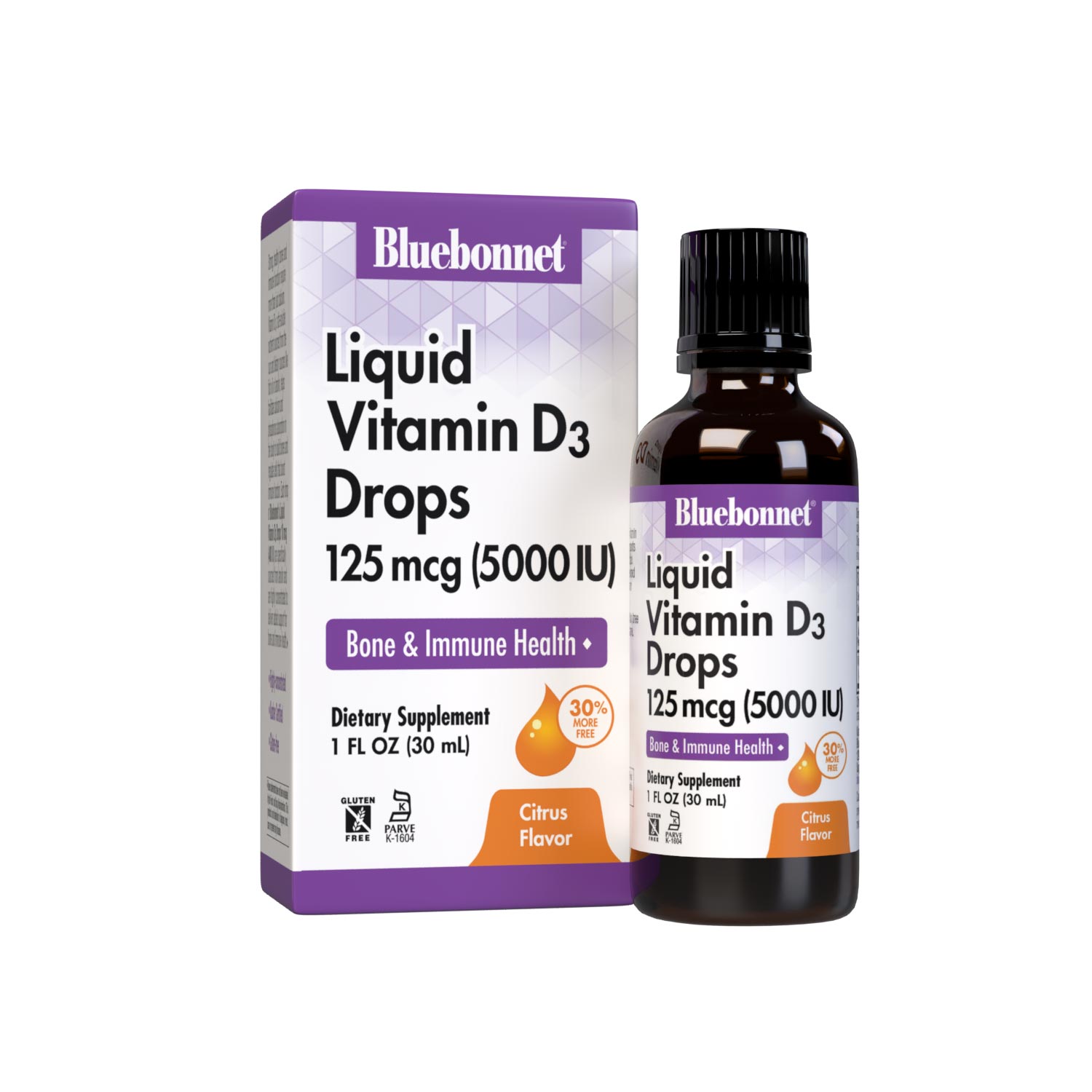 Bluebonnet’s Liquid Vitamin D3 Drops 5000 IU (125 mcg) are formulated with vitamin D3 (cholecalciferol) from lanolin for strong healthy bones. Each drop of this sunshine vitamin is flavored using a hint of orange and lemon essential oils. Bottle with box. #size_1 fl oz