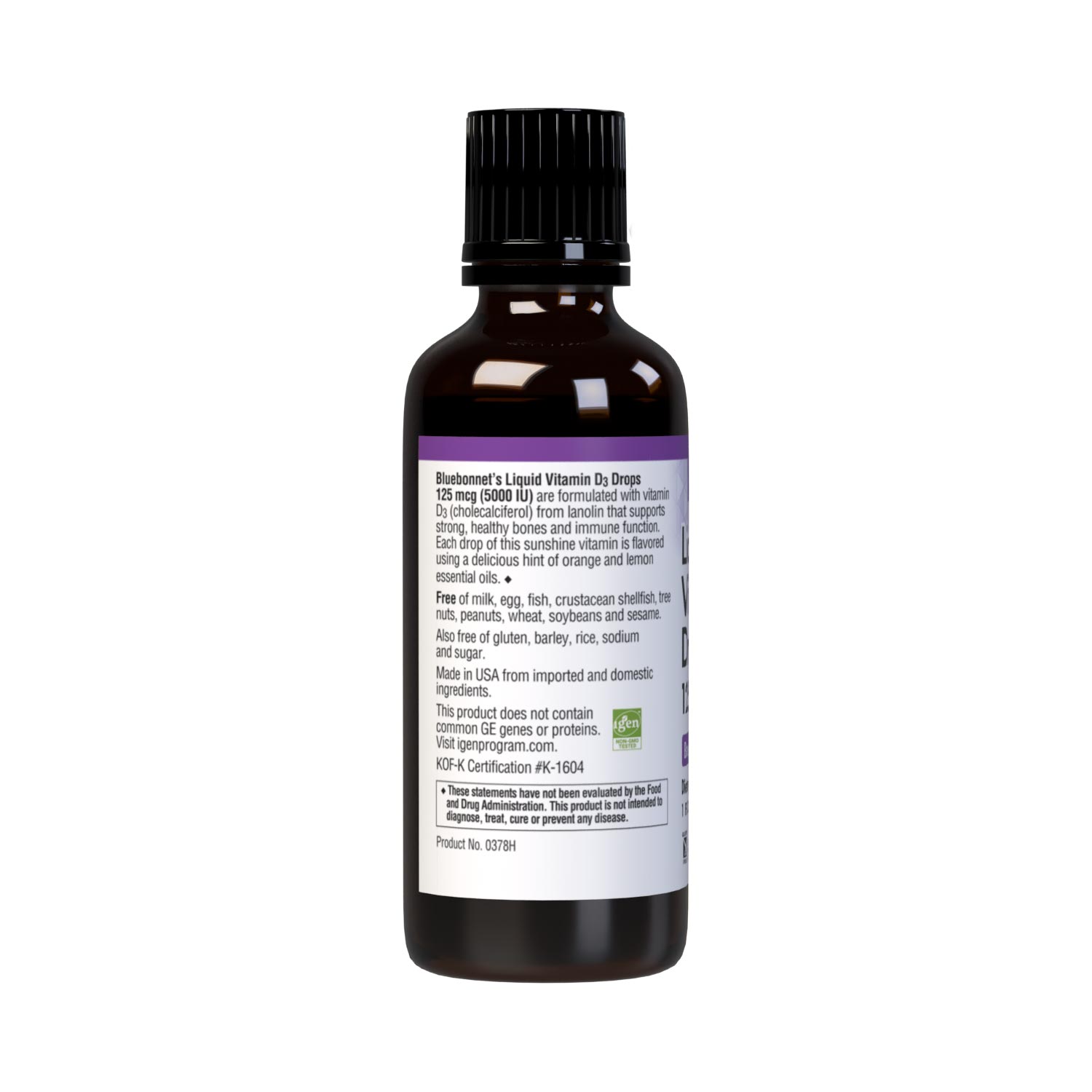 Bluebonnet’s Liquid Vitamin D3 Drops 5000 IU (125 mcg) are formulated with vitamin D3 (cholecalciferol) from lanolin for strong healthy bones. Each drop of this sunshine vitamin is flavored using a hint of orange and lemon essential oils. Description panel. #size_1 fl oz