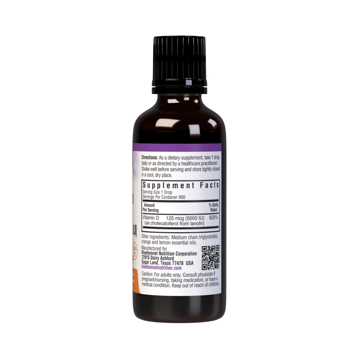 Bluebonnet’s Liquid Vitamin D3 Drops 5000 IU (125 mcg) are formulated with vitamin D3 (cholecalciferol) from lanolin for strong healthy bones. Each drop of this sunshine vitamin is flavored using a hint of orange and lemon essential oils. Supplement facts panel. #size_1 fl oz