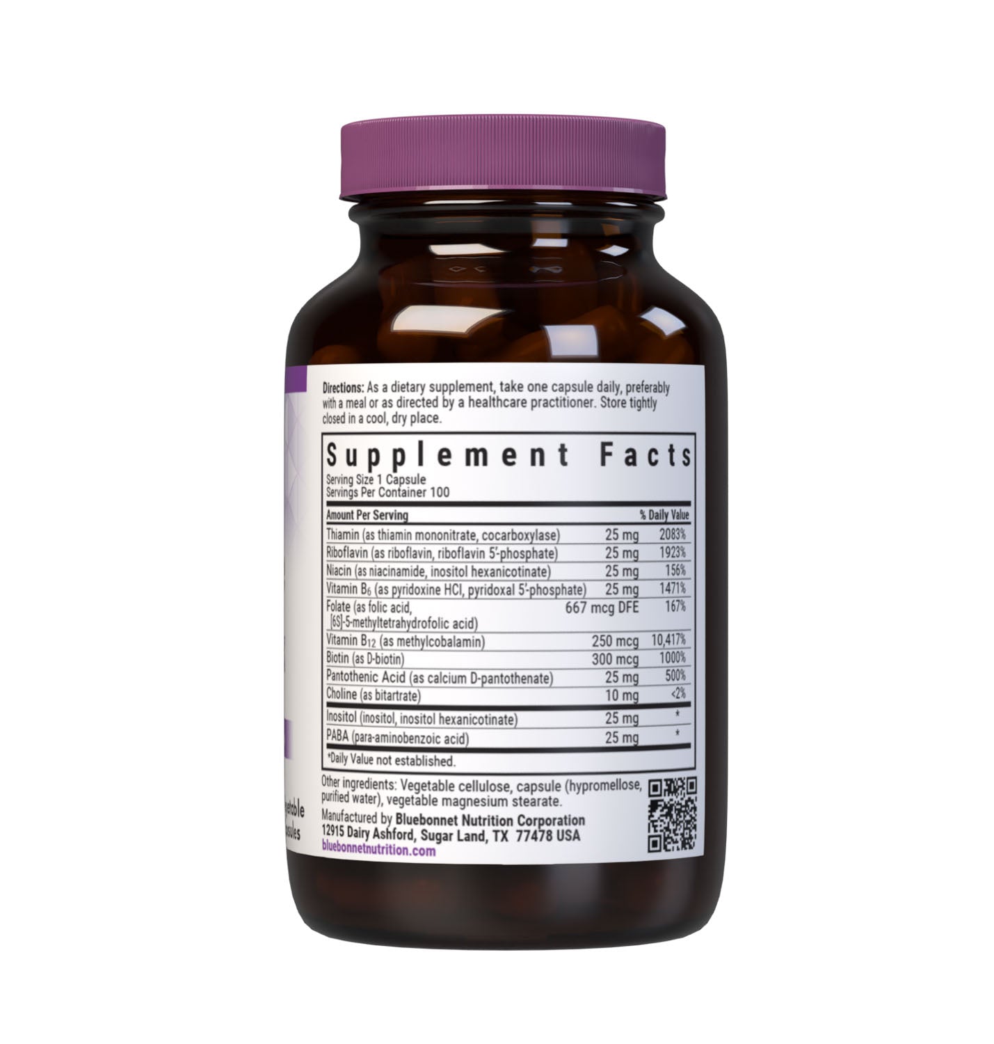 Bluebonnet’s CellularActive Coenzyme B-Complex Vegetable Capsules are formulated with B vitamins and their respective coenzyme forms, which are better absorbed, retained and utilized in the body. B vitamins are essential for energy and red blood cell production, proper nervous system function, healthy hair, skin and nails, and countless other metabolic processes. Supplement facts panel. #size_100 count