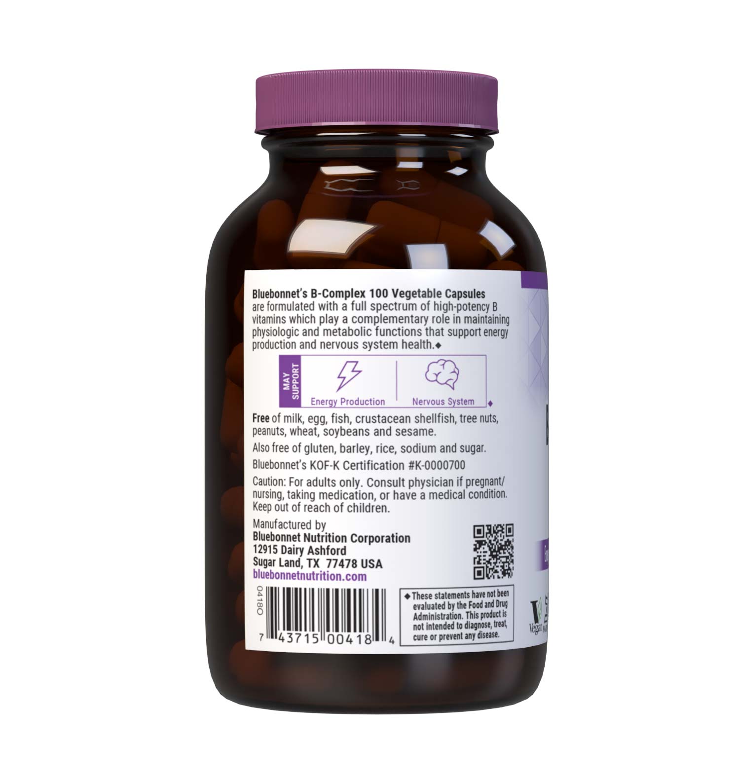 Bluebonnet’s B-Complex 100 Vegetable Capsules are formulated with a full spectrum of high potency B vitamins which play a complementary role in maintaining physiologic and metabolic functions that support energy production and nervous system health. Description panel. #size_100 count