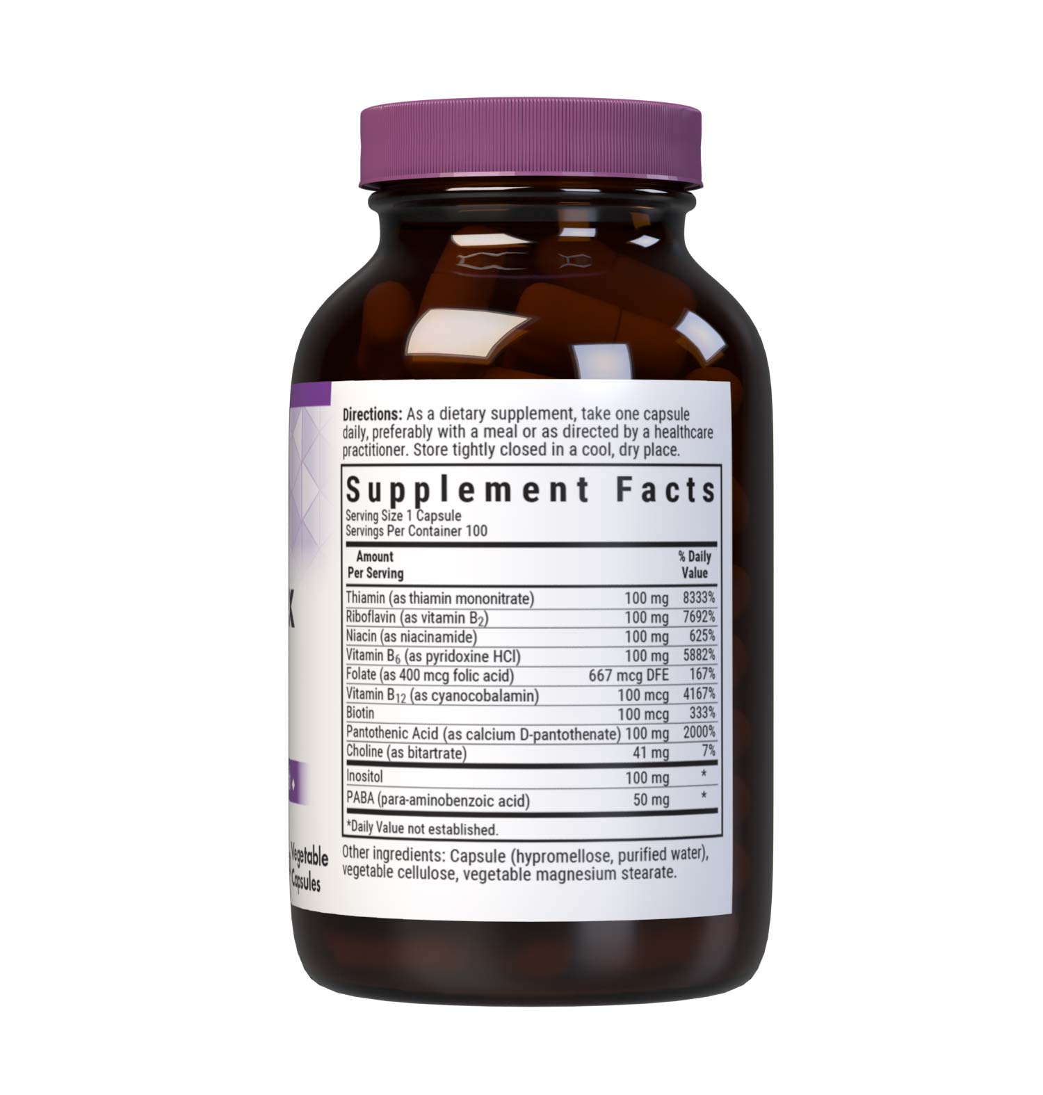 Bluebonnet’s B-Complex 100 Vegetable Capsules are formulated with a full spectrum of high potency B vitamins which play a complementary role in maintaining physiologic and metabolic functions that support energy production and nervous system health. Supplement facts panels. #size_100 count