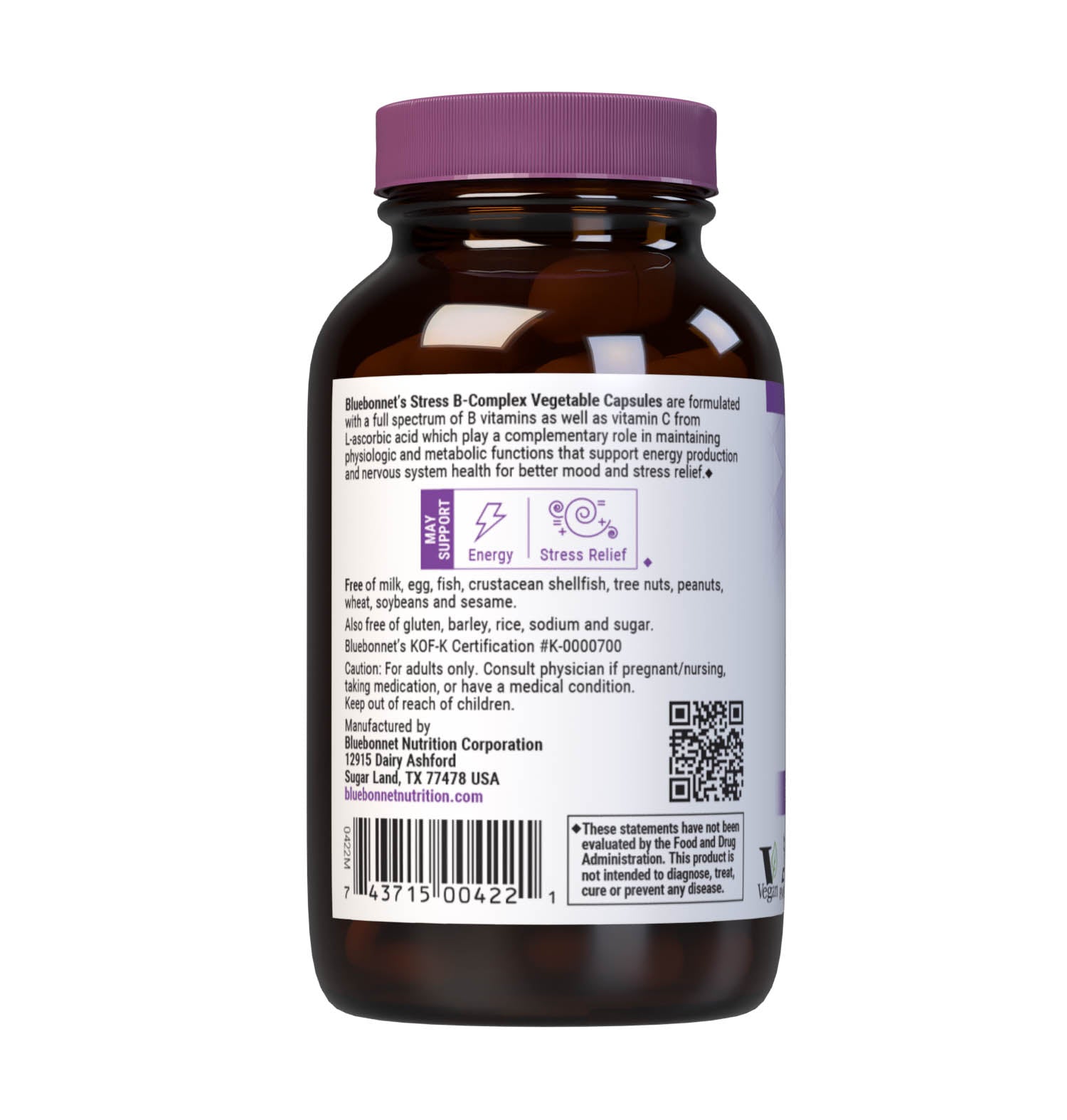 Bluebonnet’s Stress B-Complex Vegetable Capsules are formulated with a full spectrum of high potency B vitamins as well as vitamin C from L-ascorbic acid which play a complementary role in maintaining physiologic and metabolic functions that support energy production and nervous system health. Description panel. #size_50 count