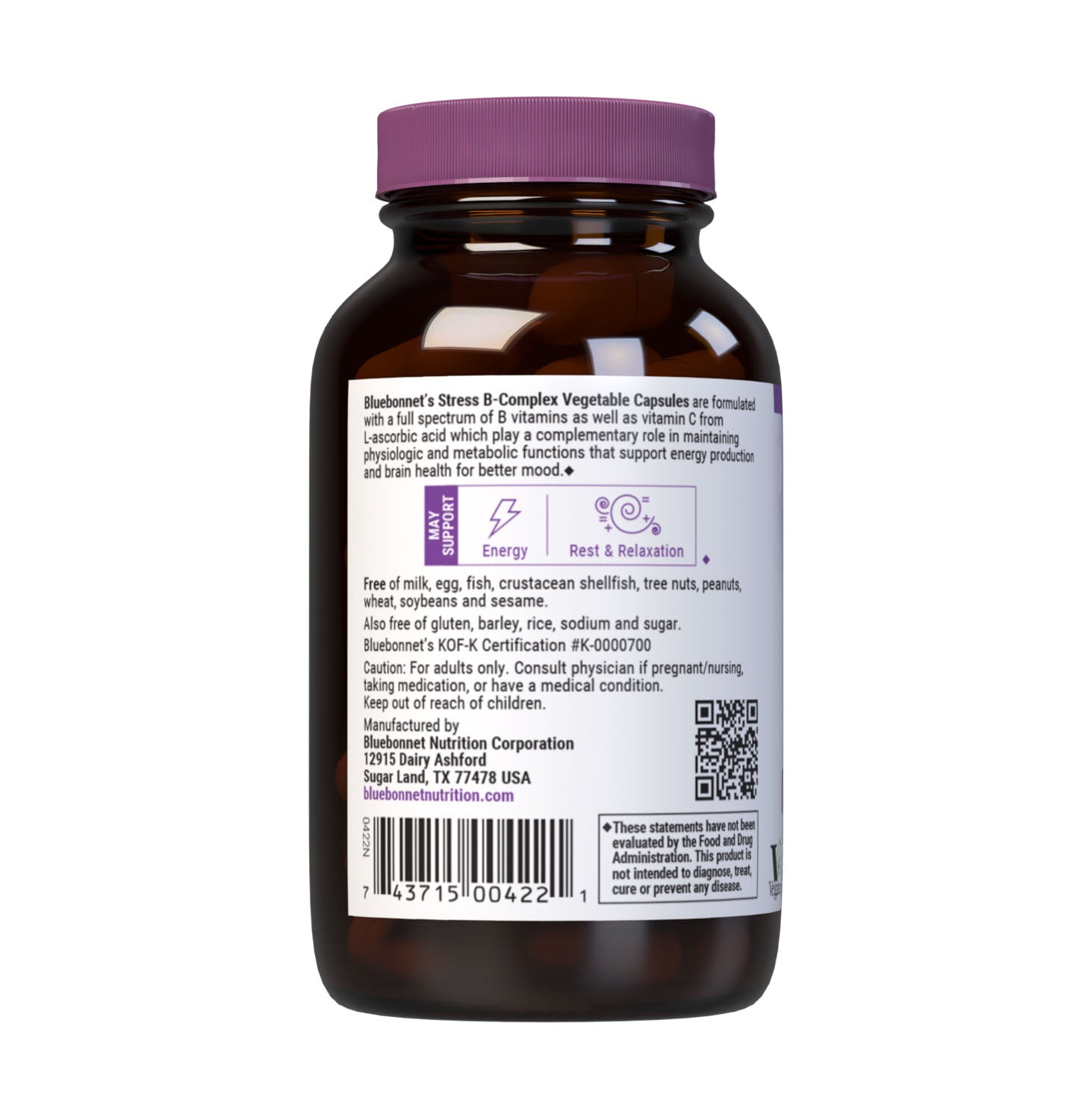 Bluebonnet’s Stress B-Complex Vegetable Capsules are formulated with a full spectrum of high potency B vitamins as well as vitamin C from L-ascorbic acid which play a complementary role in maintaining physiologic and metabolic functions that support energy production and nervous system health. Description panel. #size_50 count