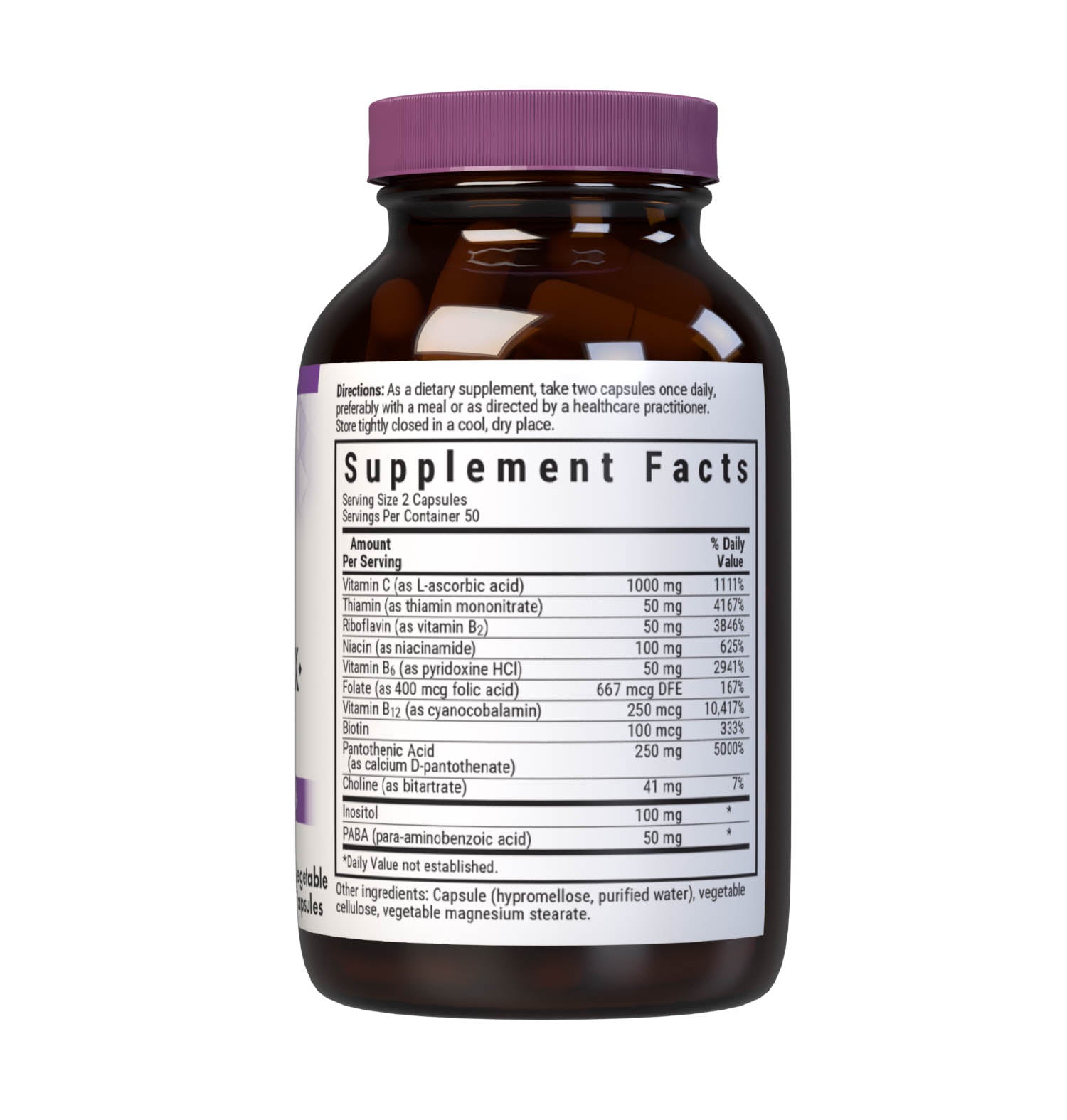 Bluebonnet’s Stress B-Complex Vegetable Capsules are formulated with a full spectrum of high potency B vitamins as well as vitamin C from L-ascorbic acid which play a complementary role in maintaining physiologic and metabolic functions that support energy production and nervous system health. Supplement facts panel. #size_100 count