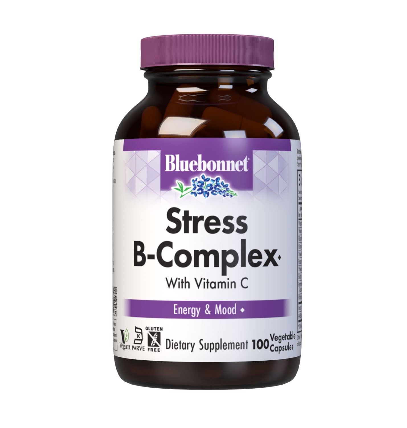 Bluebonnet’s Stress B-Complex Vegetable Capsules are formulated with a full spectrum of high potency B vitamins as well as vitamin C from L-ascorbic acid which play a complementary role in maintaining physiologic and metabolic functions that support energy production and nervous system health. #size_100 count
