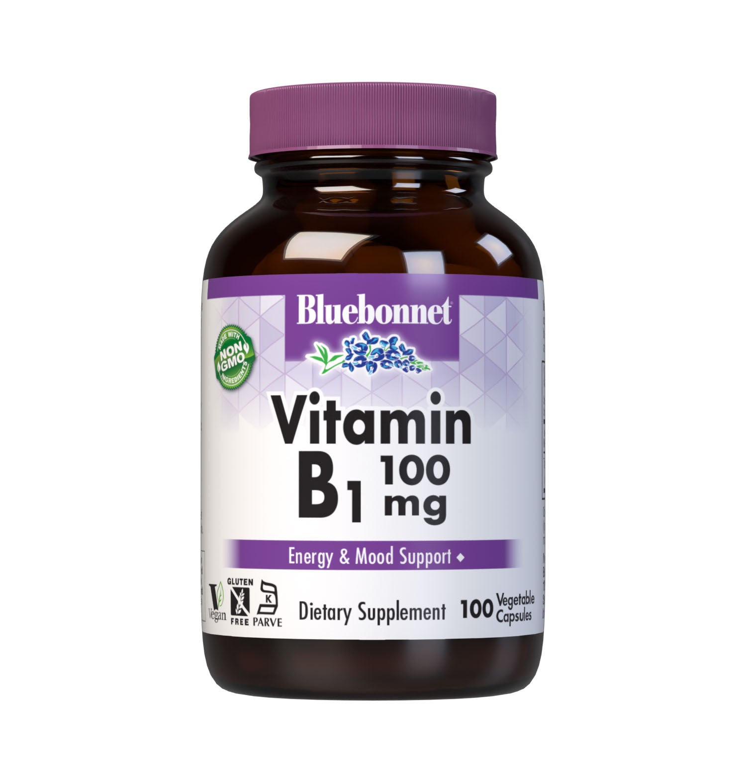 Bluebonnet’s Vitamin B1 100 mg Vegetable Capsules are formulated with crystalline vitamin B1 (thiamin HCI) which may support cellular energy production and mood health. #size_100 count