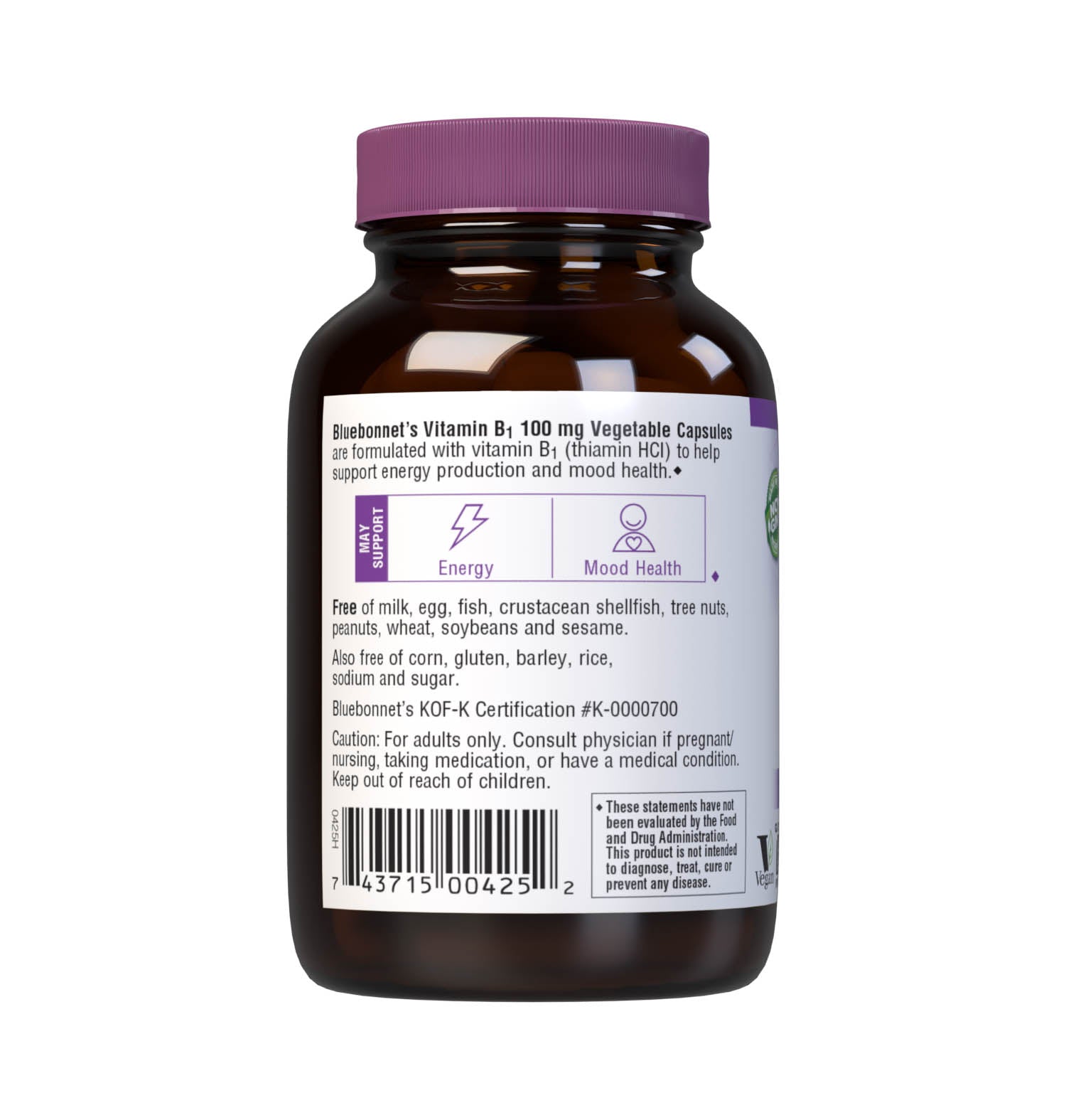 Bluebonnet’s Vitamin B1 100 mg Vegetable Capsules are formulated with crystalline vitamin B1 (thiamin HCI) which may support cellular energy production and mood health. Description panel. #size_100 count