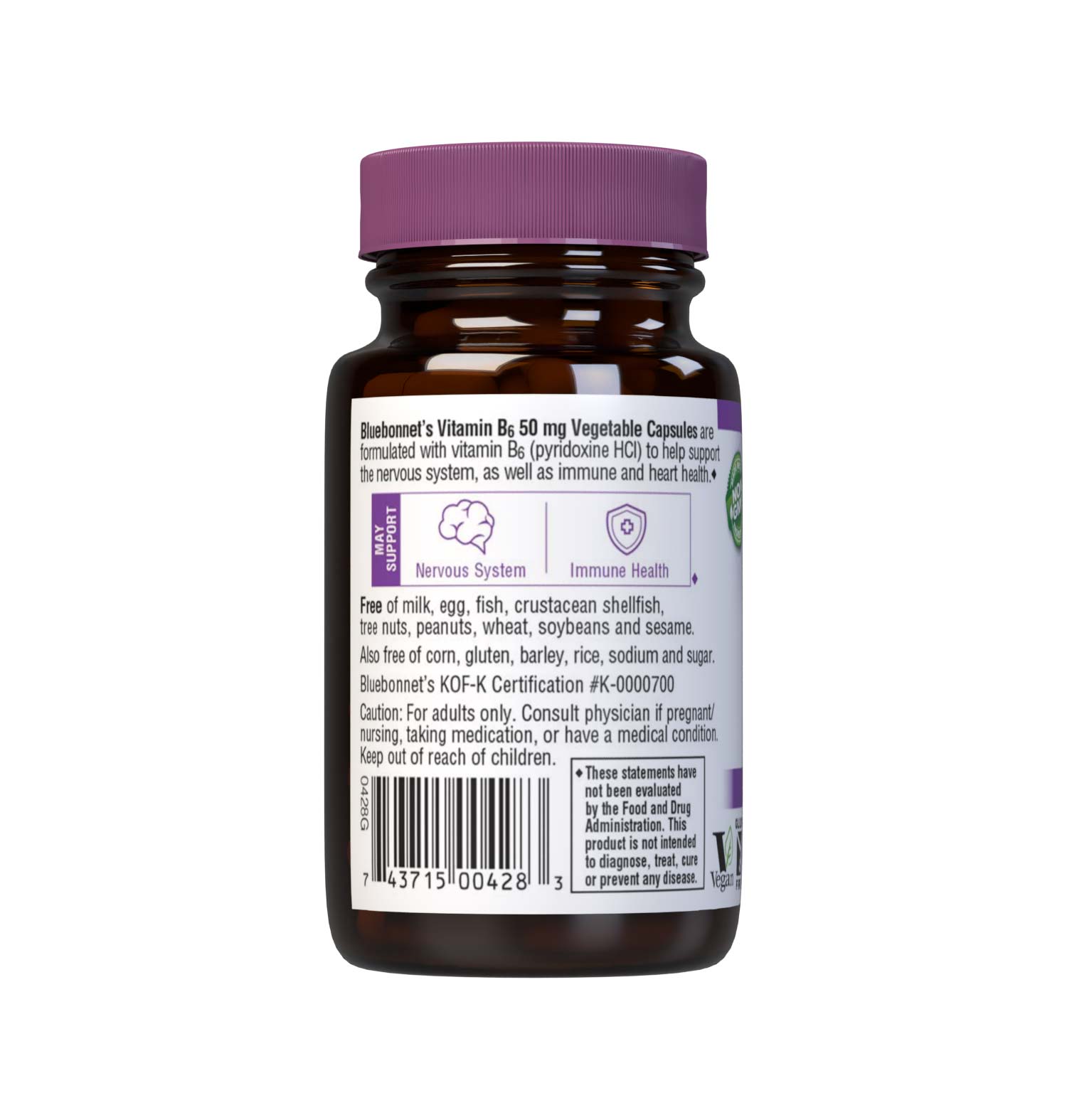 Bluebonnet’s Vitamin B6 50 mg Vegetable Capsules are formulated crystalline vitamin B6 (pyridoxine HCI) which may support nervous system and cardiovascular health. Description panel. #size_90 count