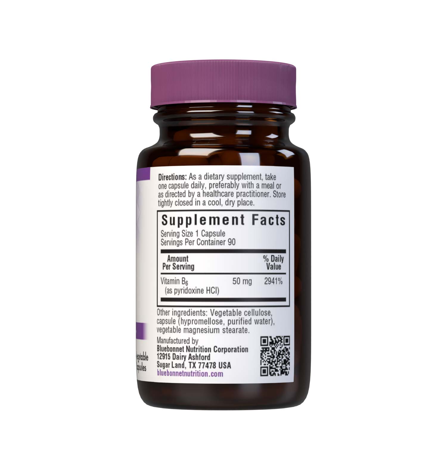 Bluebonnet’s Vitamin B6 50 mg Vegetable Capsules are formulated crystalline vitamin B6 (pyridoxine HCI) which may support nervous system and cardiovascular health. Supplement facts panel. #size_90 count