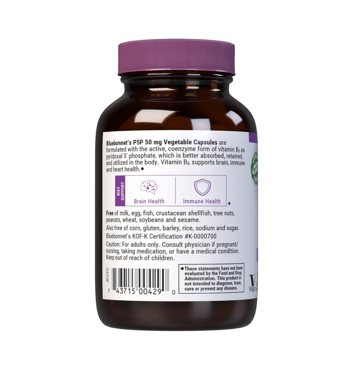 Bluebonnet’s CellularActive® P5P 50 mg Vegetable Capsules are formulated with the active, coenzyme form of vitamin B6 as pyridoxal-5-phosphate, which is better absorbed, retained and utilized in the body. Vitamin B6 helps support cellular energy production as well as nervous and immune system health. Description panel. #size_90 count