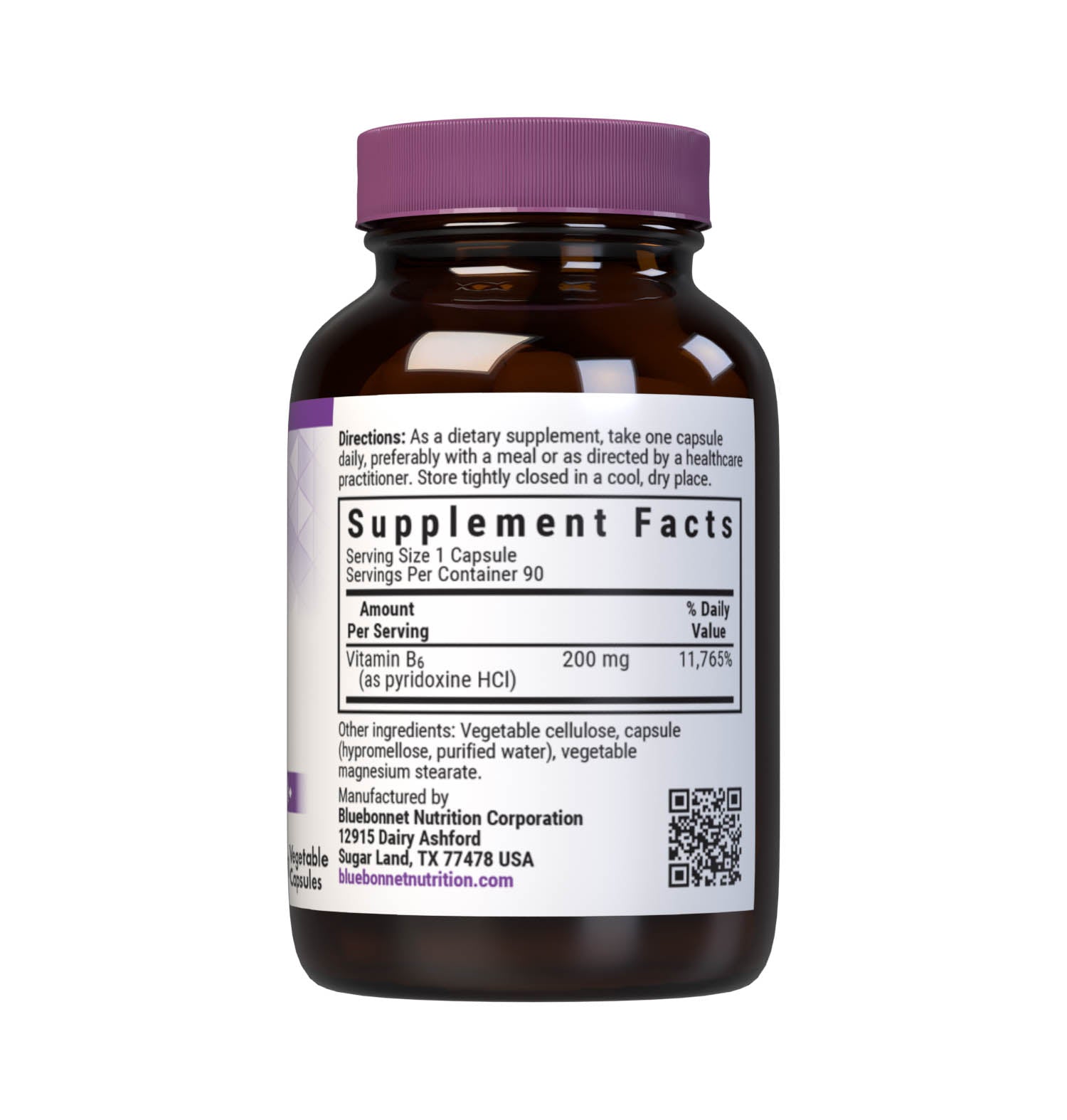 Bluebonnet’s Vitamin B6 200 mg Vegetable Capsules are formulated with crystalline vitamin B6 (pyridoxine HCI) which may support the nervous system, as well as immune and cardiovascular health. Supplement facts panel. #size_90 count