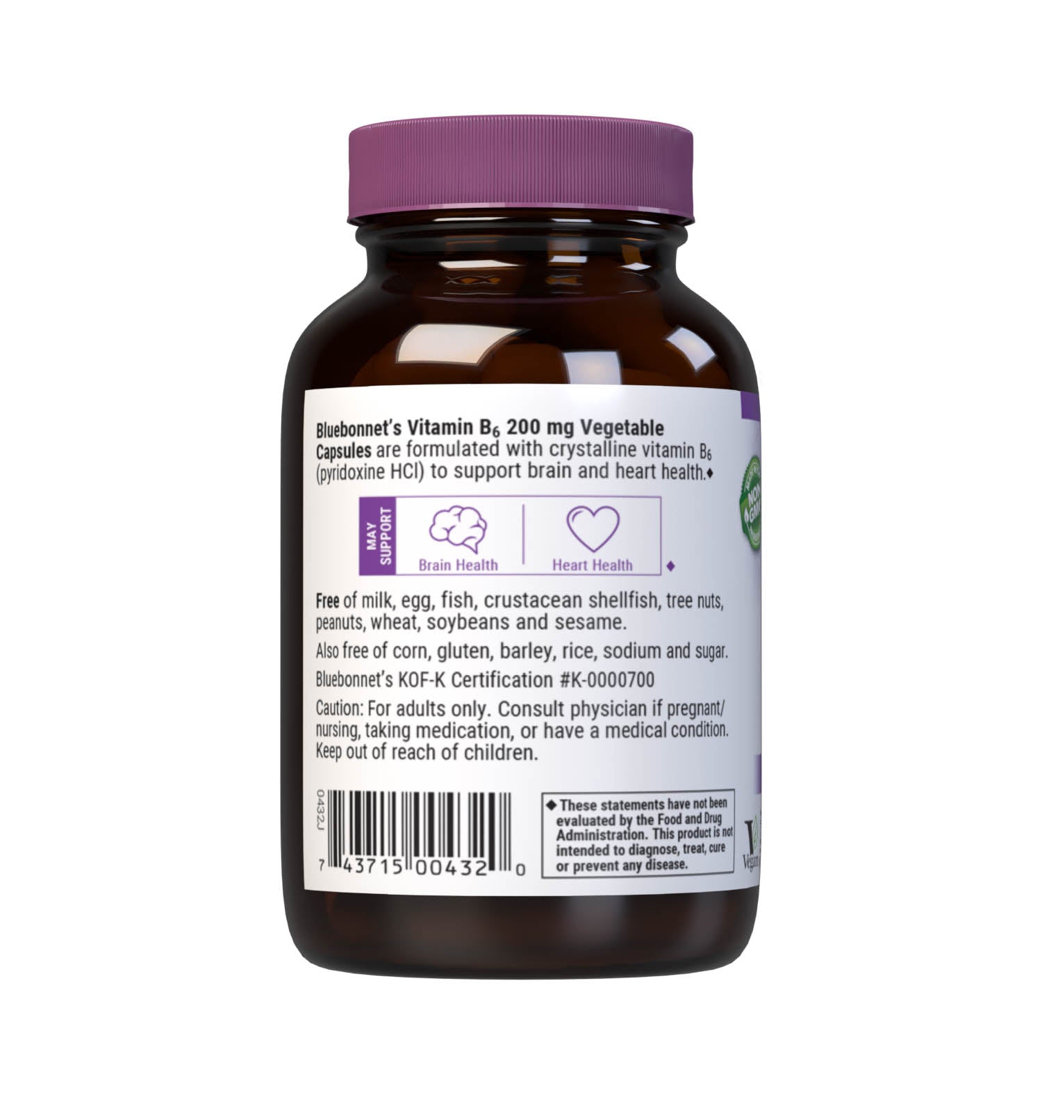 Bluebonnet’s Vitamin B6 200 mg Vegetable Capsules are formulated with crystalline vitamin B6 (pyridoxine HCI) which may support the nervous system, as well as immune and cardiovascular health. Description panel. #size_90 count