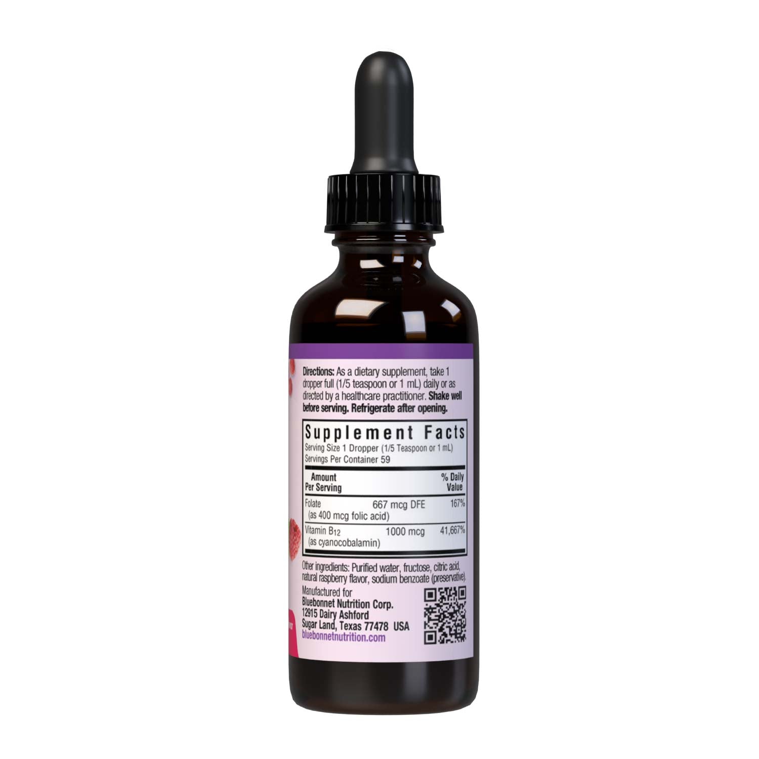 Bluebonnet’s Liquid Vitamin B12 & Folic Acid are formulated with fast-acting vitamin B12 and folic acid that supports cellular energy production and nervous system health. Supplement facts panel. #size_2 fl oz