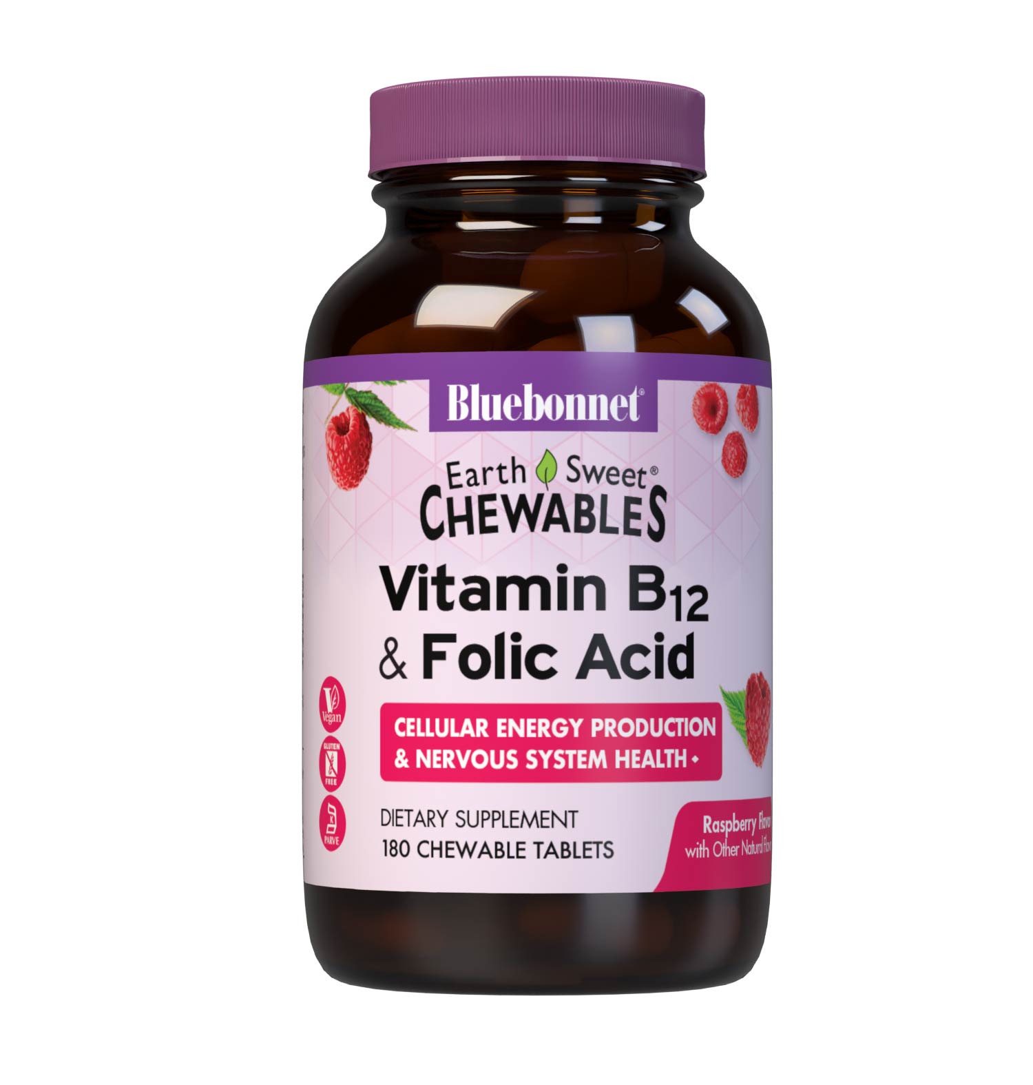 Bluebonnet’s EarthSweet Chewables Vitamin B12 & Folic Acid Tablets are formulated with crystalline vitamin B12 and folic acid that may support cellular energy production and nervous system health in a delicious raspberry flavor. Sweetened with EarthSweet, a proprietary sweetening mix of fruit powders and sugar cane crystals. #size_180 count