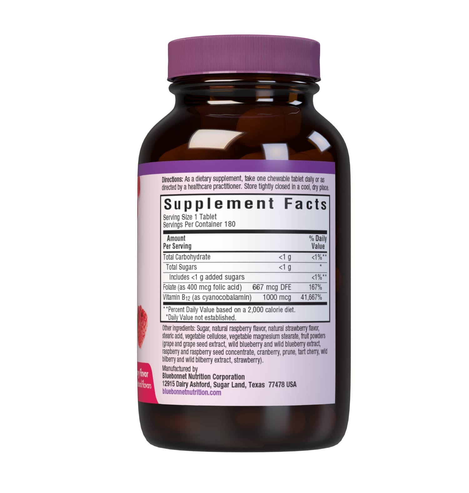 Bluebonnet’s EarthSweet Chewables Vitamin B12 & Folic Acid Tablets are formulated with crystalline vitamin B12 and folic acid that may support cellular energy production and nervous system health in a delicious raspberry flavor. Sweetened with EarthSweet, a proprietary sweetening mix of fruit powders and sugar cane crystals. Supplement facts panel. #size_180 count