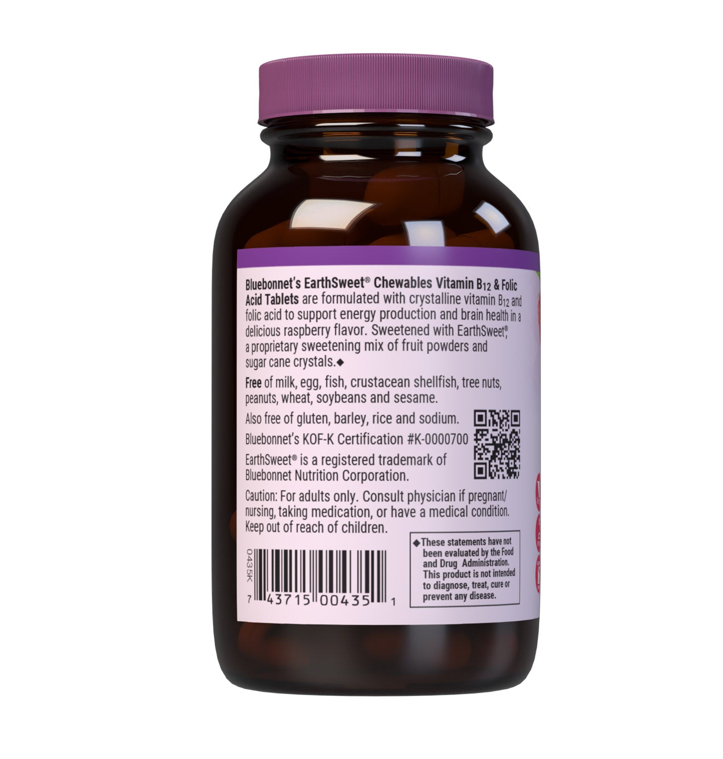 Bluebonnet’s EarthSweet Chewables Vitamin B12 & Folic Acid Tablets are formulated with crystalline vitamin B12 and folic acid that may support cellular energy production and nervous system health in a delicious raspberry flavor. Sweetened with EarthSweet, a proprietary sweetening mix of fruit powders and sugar cane crystals. Description panel. #size_180 count