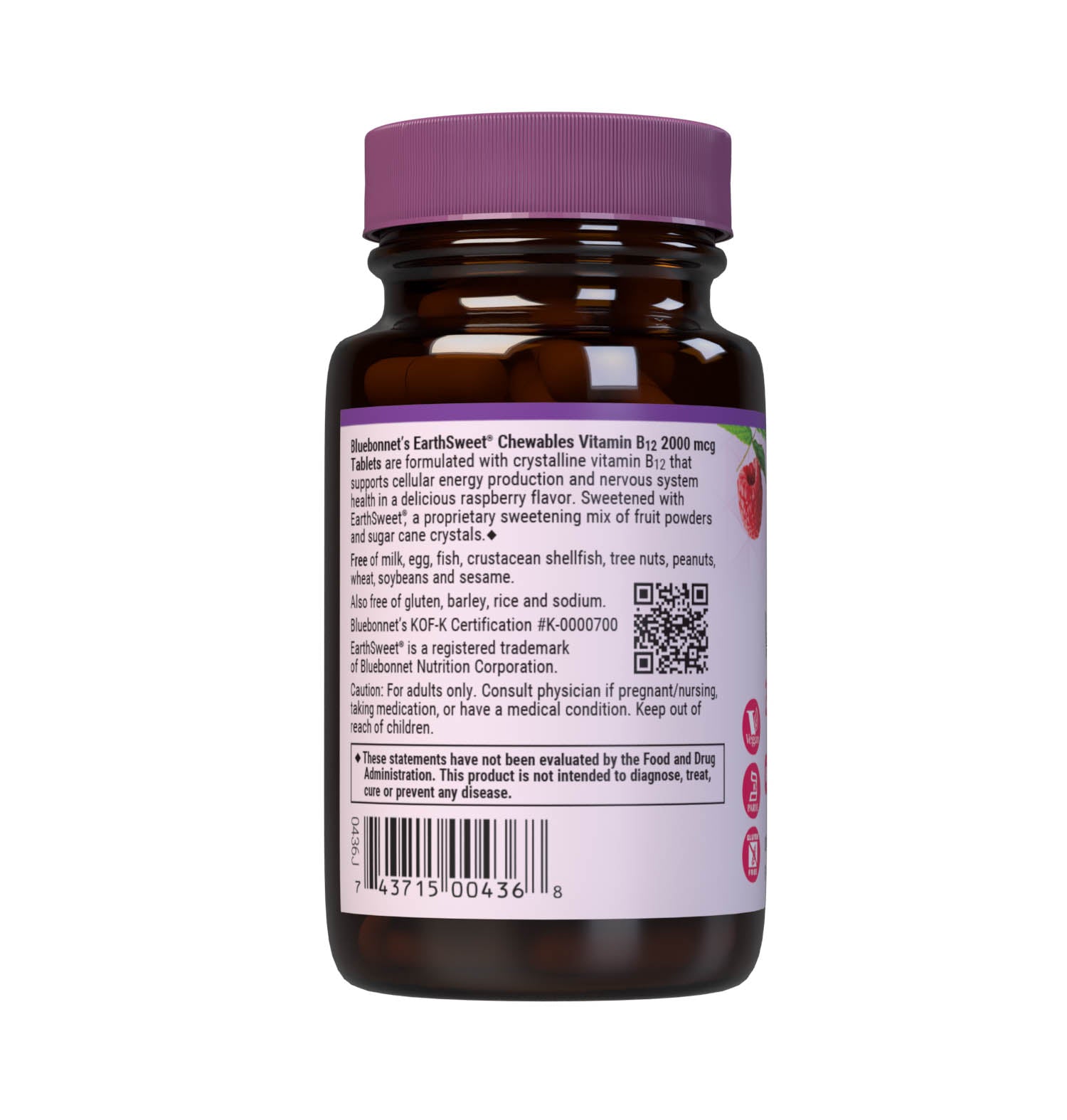 Bluebonnet’s EarthSweet Chewables Vitamin B12 2000 mcg Tablets are formulated with crystalline vitamin B12 that supports cellular energy production and nervous system health in a delicious raspberry flavor. Sweetened with EarthSweet, a proprietary sweetening mix of juice concentrates (wild berry, cranberry, prune, cherry, strawberry, grape, raspberry and bilberry fruits, grape seed and raspberry seed extracts) and cane crystals. Description panel. #size_90 count