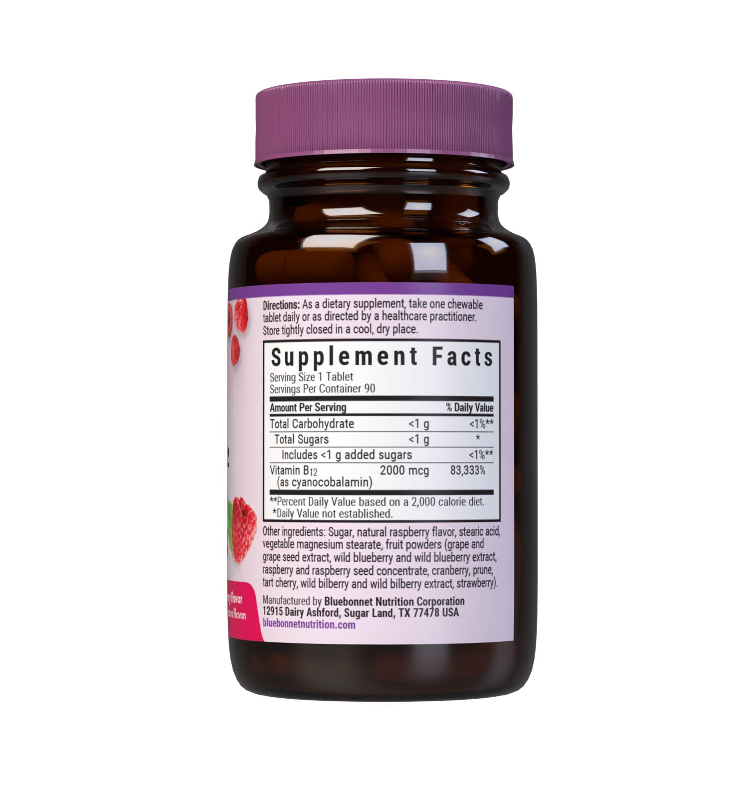 Bluebonnet’s EarthSweet Chewables Vitamin B12 2000 mcg Tablets are formulated with crystalline vitamin B12 that supports cellular energy production and nervous system health in a delicious raspberry flavor. Sweetened with EarthSweet, a proprietary sweetening mix of juice concentrates (wild berry, cranberry, prune, cherry, strawberry, grape, raspberry and bilberry fruits, grape seed and raspberry seed extracts) and cane crystals. Supplement facts panel. #size_90 count