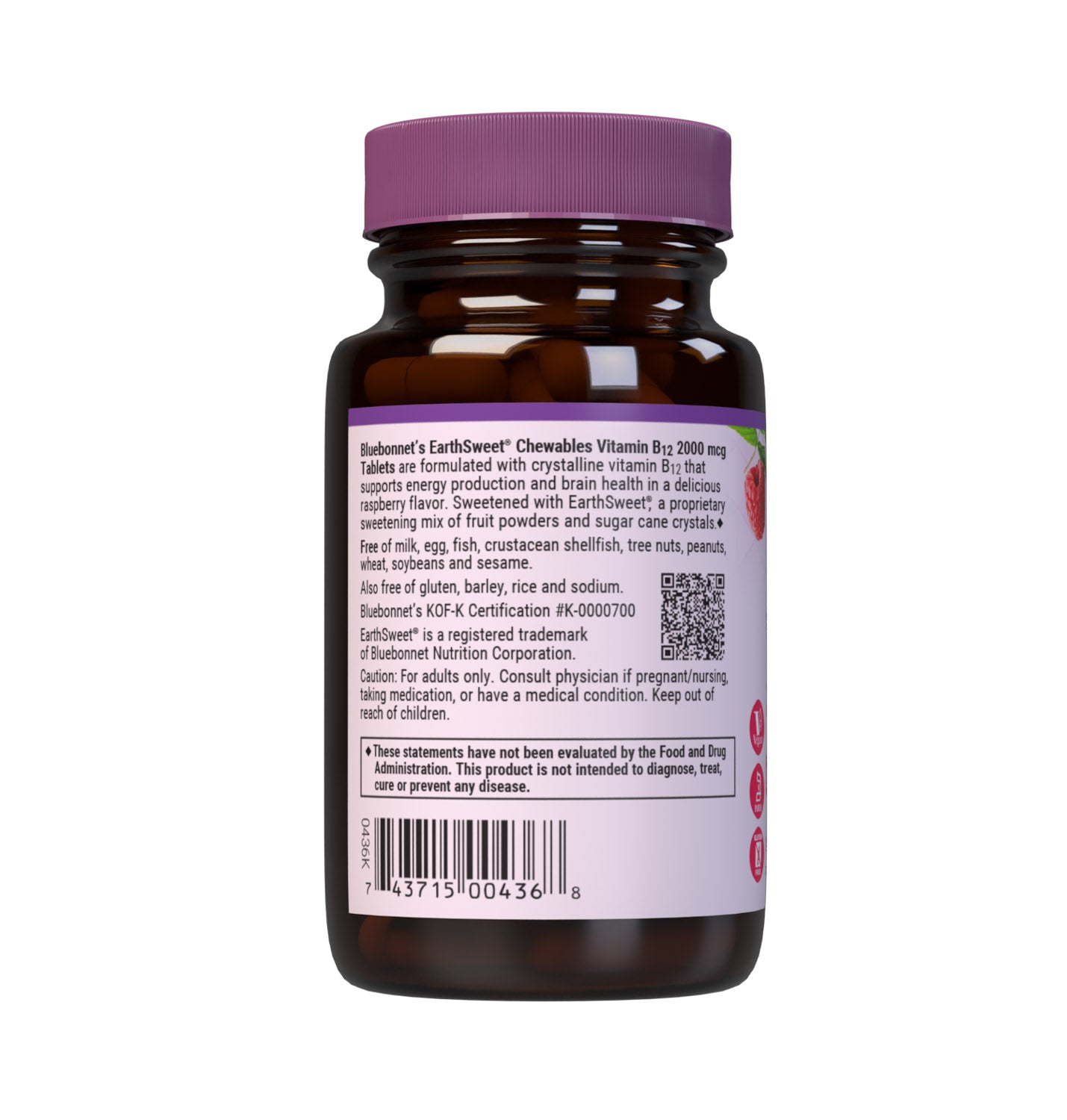 Bluebonnet’s EarthSweet Chewables Vitamin B12 2000 mcg Tablets are formulated with crystalline vitamin B12 that supports cellular energy production and nervous system health in a delicious raspberry flavor. Sweetened with EarthSweet, a proprietary sweetening mix of juice concentrates (wild berry, cranberry, prune, cherry, strawberry, grape, raspberry and bilberry fruits, grape seed and raspberry seed extracts) and cane crystals. Description panel. #size_90 count