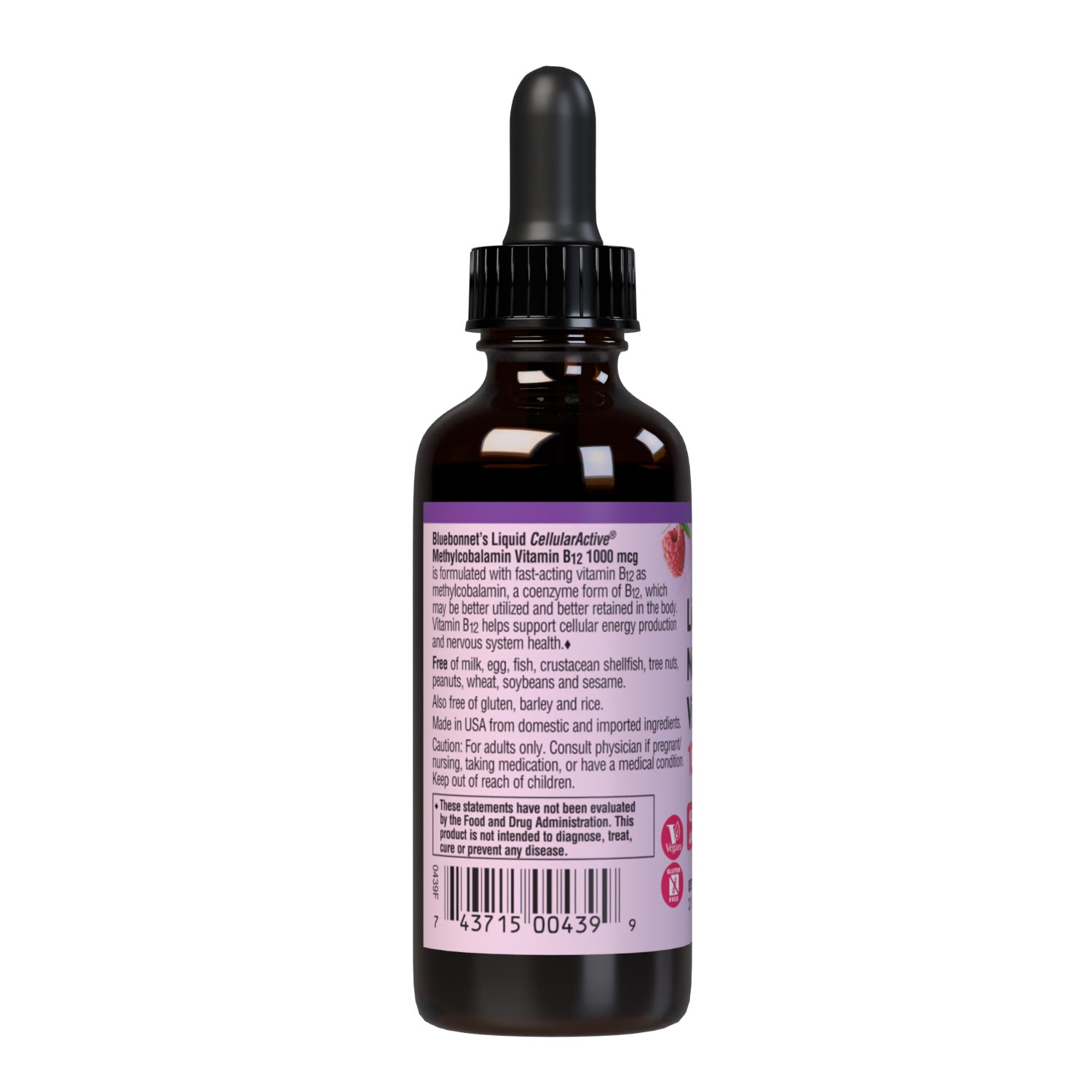 Bluebonnet’s Liquid CellularActive Methylcobalamin Vitamin B12 1000 mcg is formulated with fast-acting vitamin B12 as methylcobalamin, a coenzyme form of B12, which may be better utilized and better retained in the body. Vitamin B12 helps support cellular energy production and nervous system health. Description panel. #size_2 fl oz